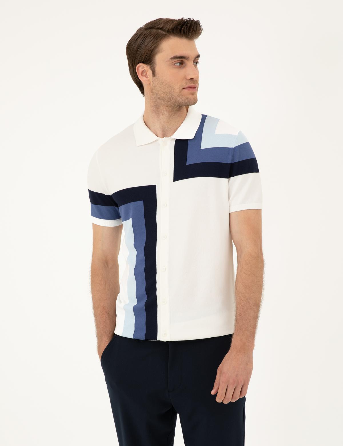 Ekru Slim Fit Düğmeli Polo Yaka Triko Tişört