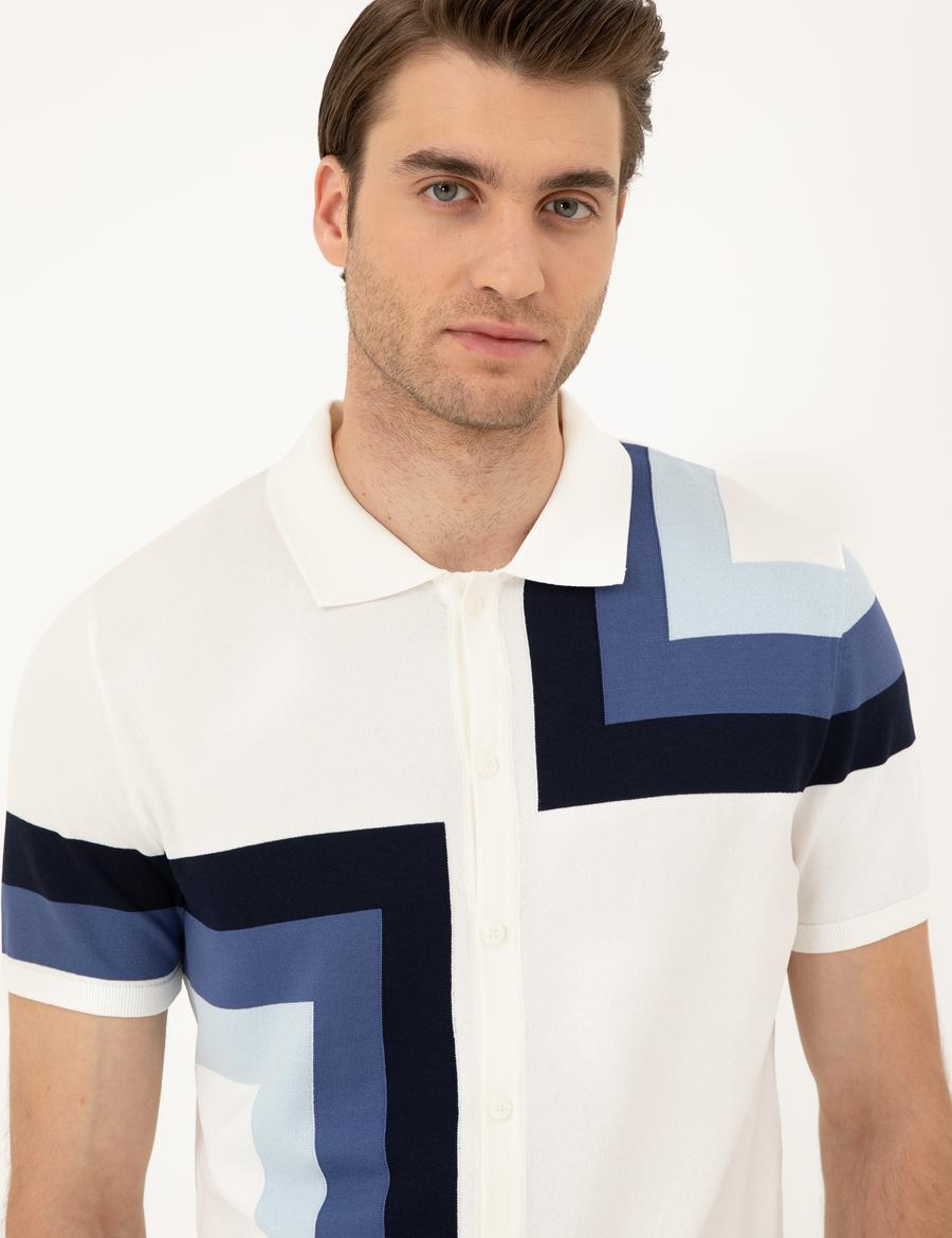 Ekru Slim Fit Düğmeli Polo Yaka Triko Tişört