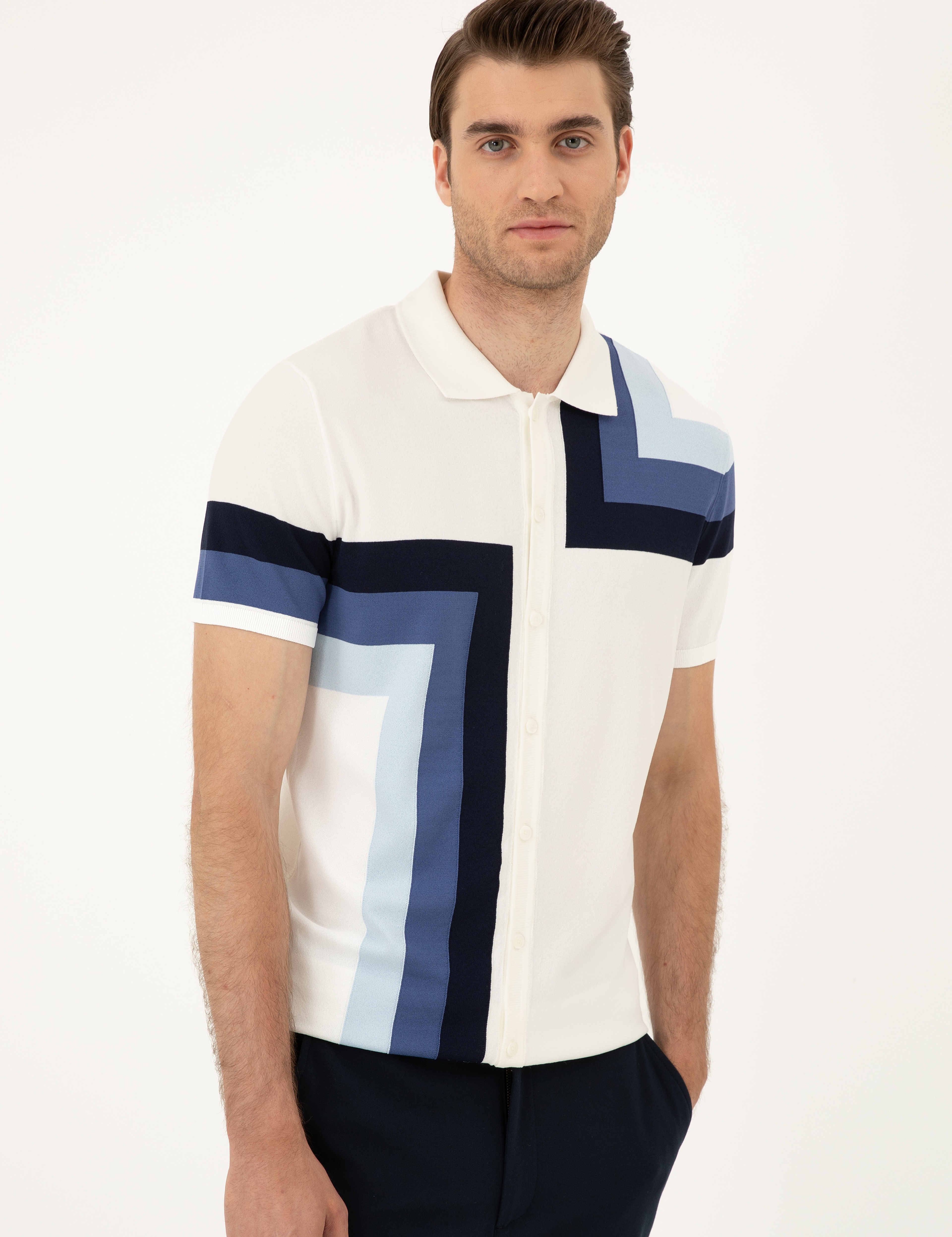 Ekru Slim Fit Düğmeli Polo Yaka Triko Tişört - Image 3