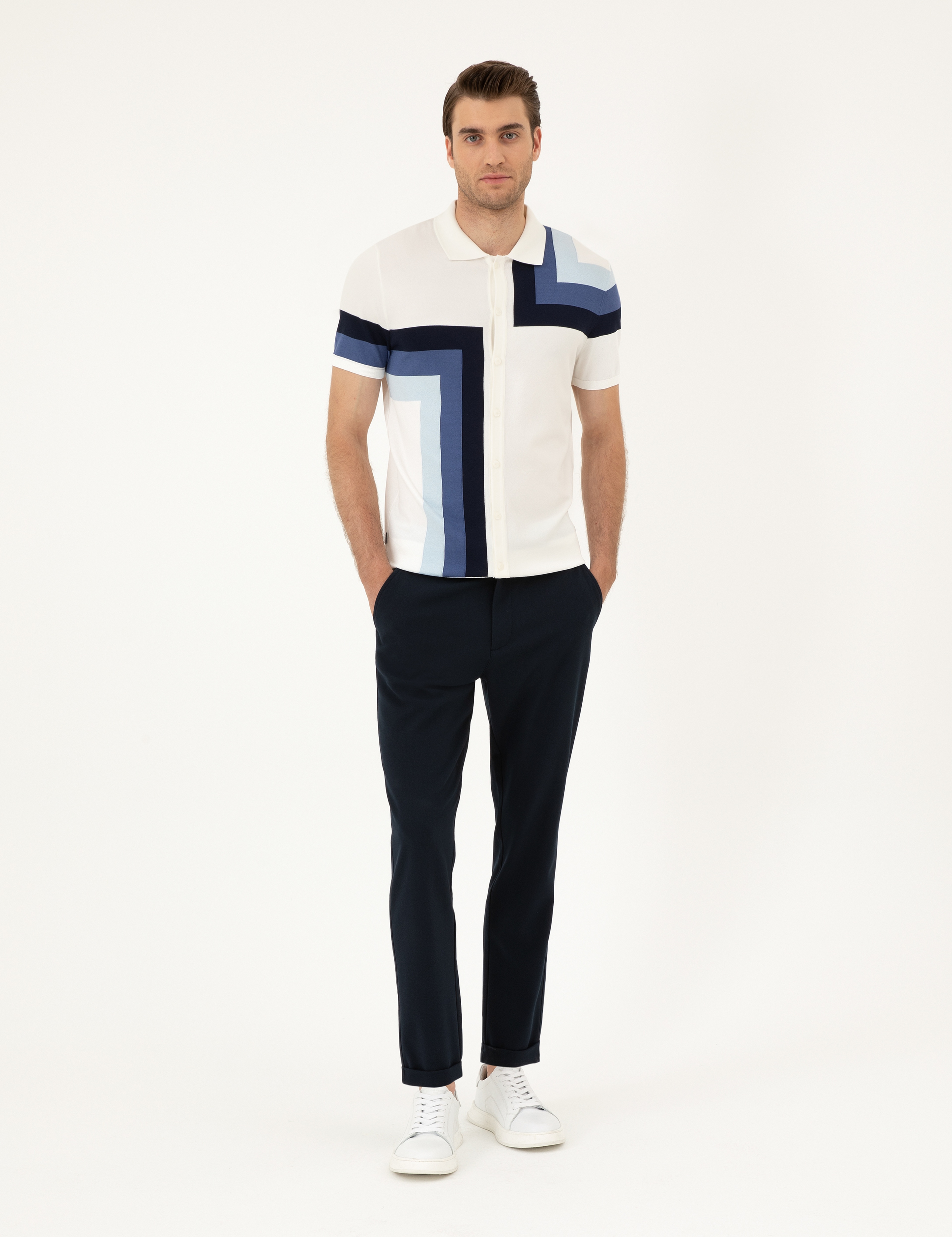 Ekru Slim Fit Düğmeli Polo Yaka Triko Tişört - Image 4