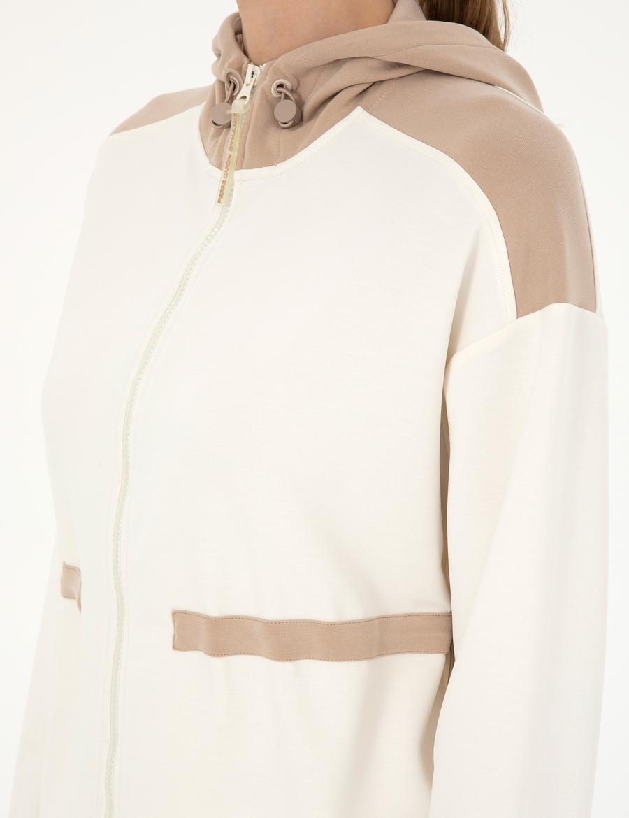 Ekru Oversize Kapüşonlu Örme Hırka