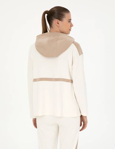 Ekru Oversize Kapüşonlu Örme Hırka