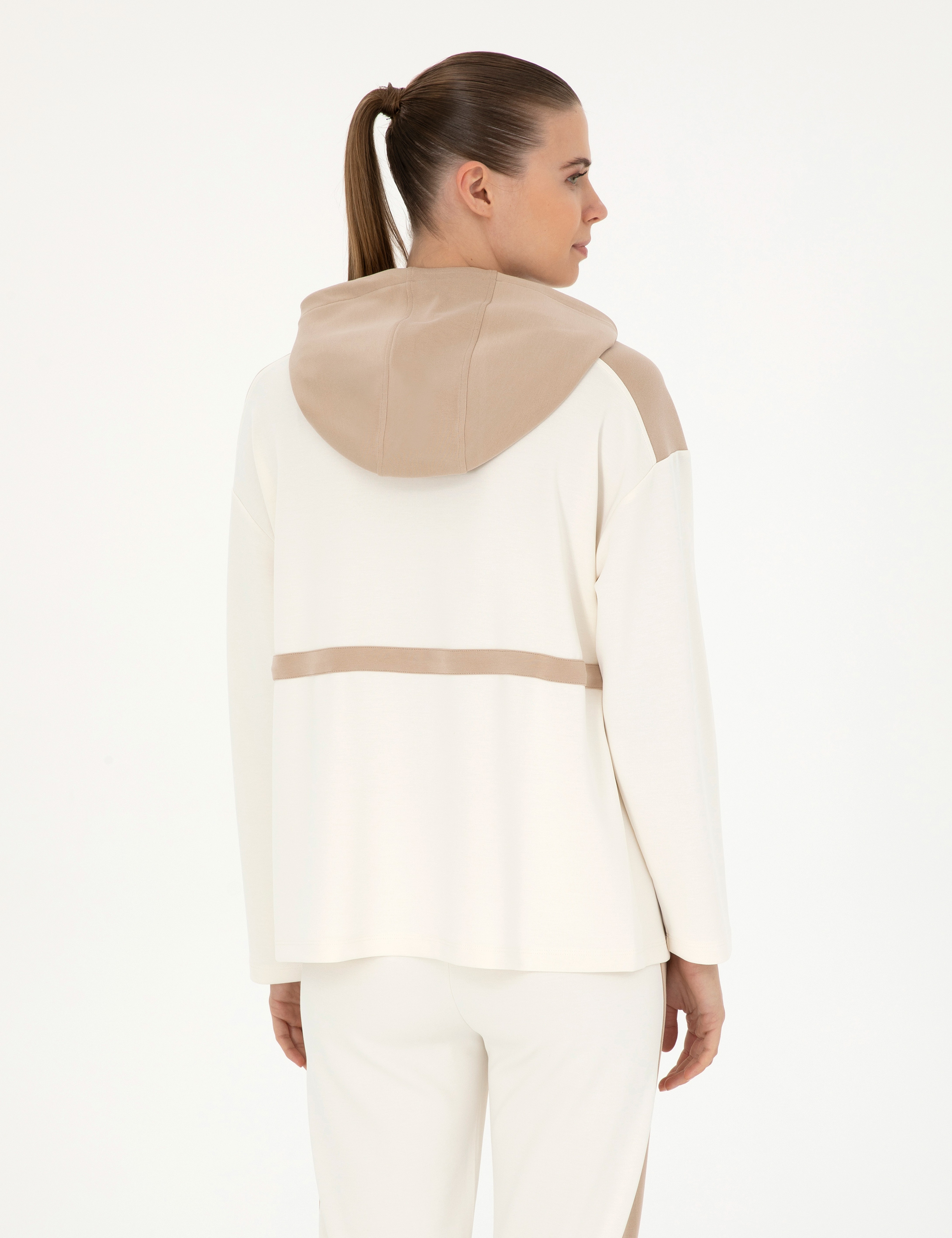 Ekru Oversize Kapüşonlu Örme Hırka - Image 5