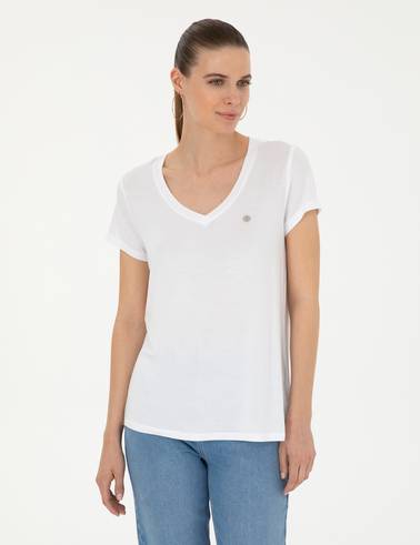 Beyaz Comfort Fit V Yaka Basic Tişört