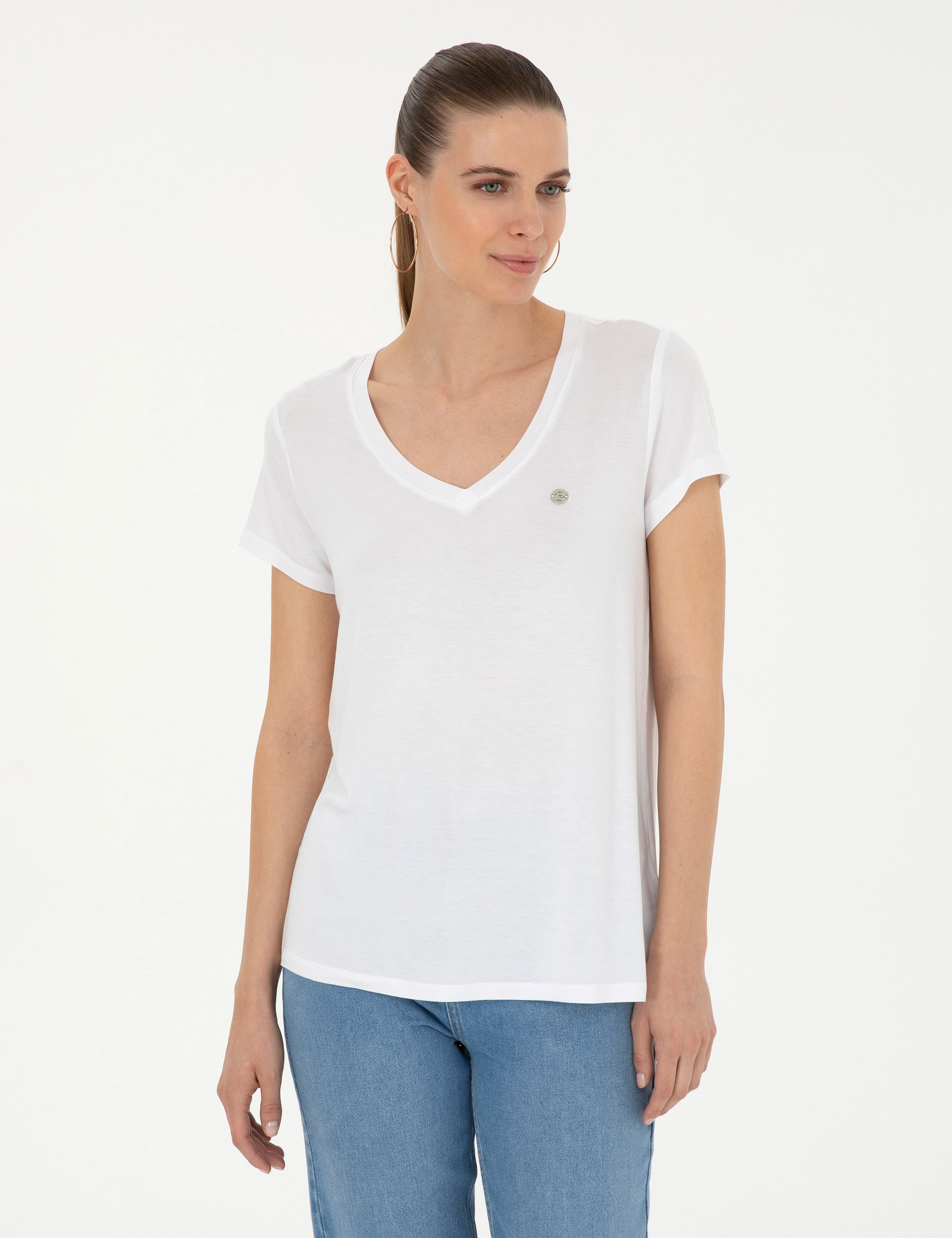 Beyaz Comfort Fit V Yaka Basic Tişört