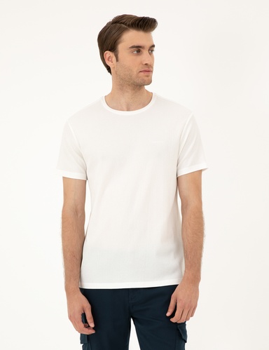 Ekru Slim Fit Bisiklet Yaka Tişört