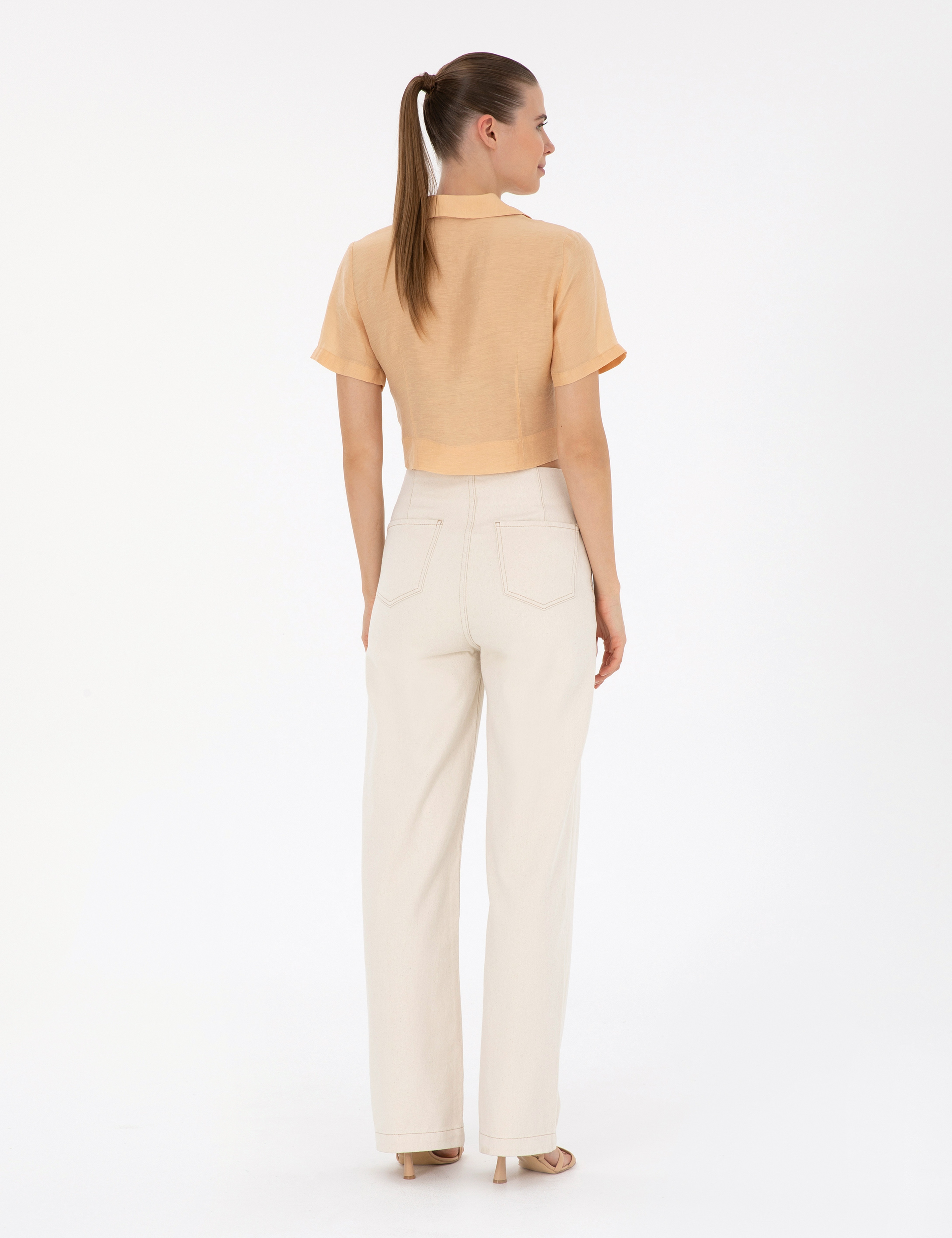 Krem Flare Hıgh Waist Pantolon - Image 4