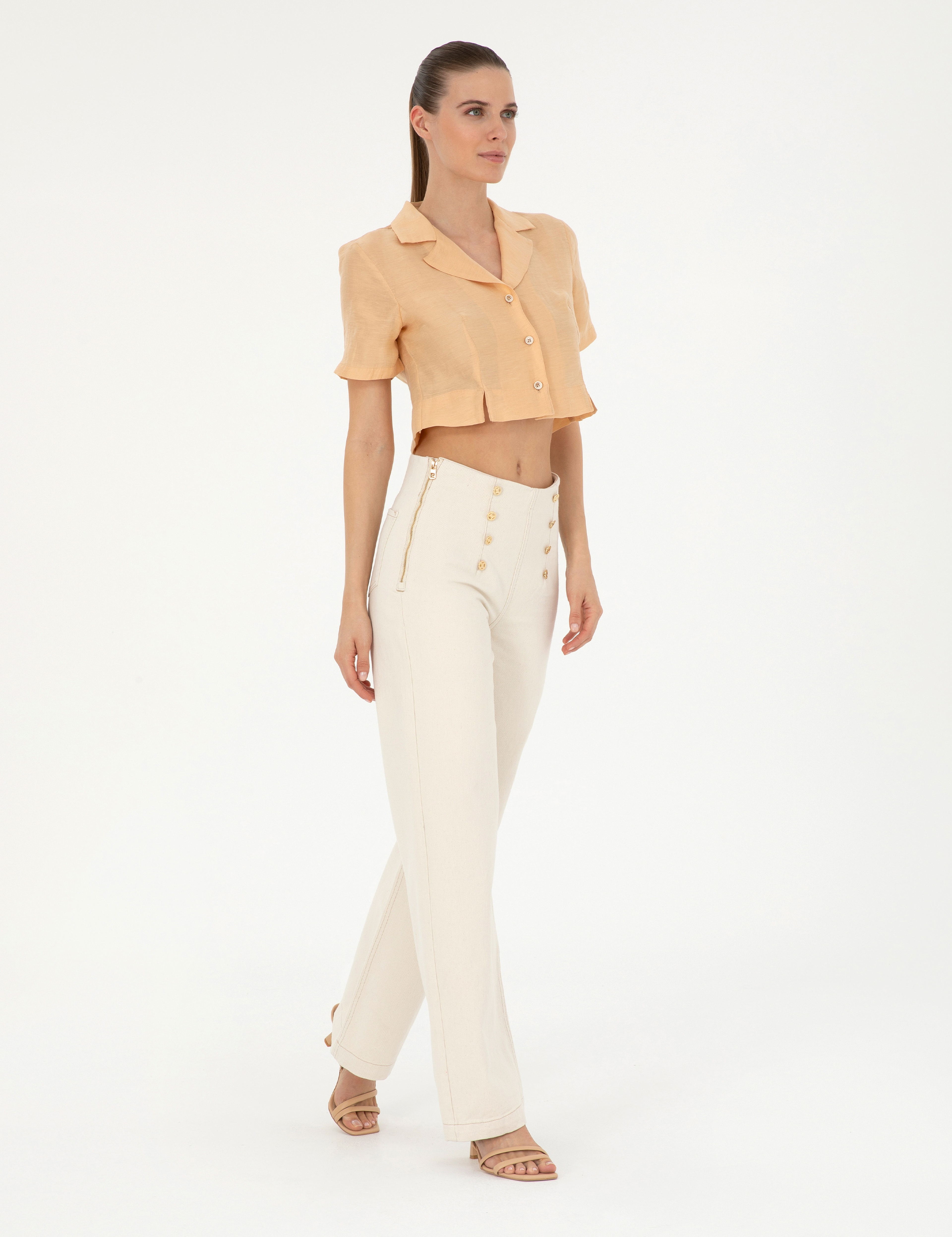 Krem Flare Hıgh Waist Pantolon - Image 3