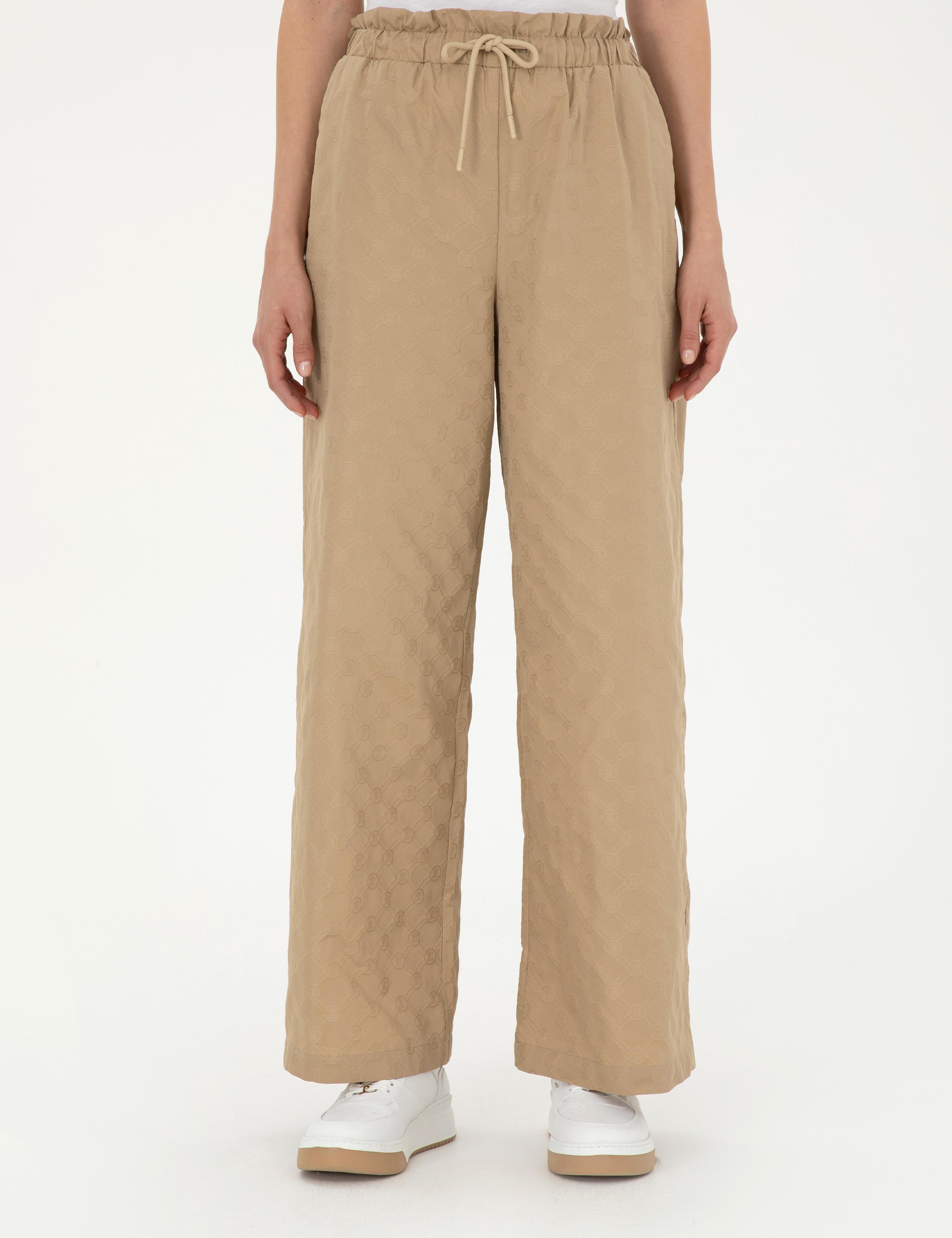 Bej Dokulu Flare Hıgh Waist Fit Pantolon