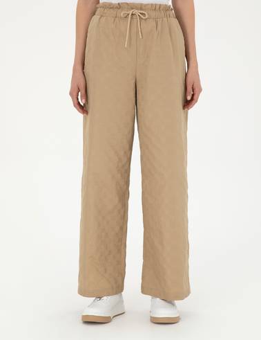 Bej Dokulu Flare Hıgh Waist Fit Pantolon