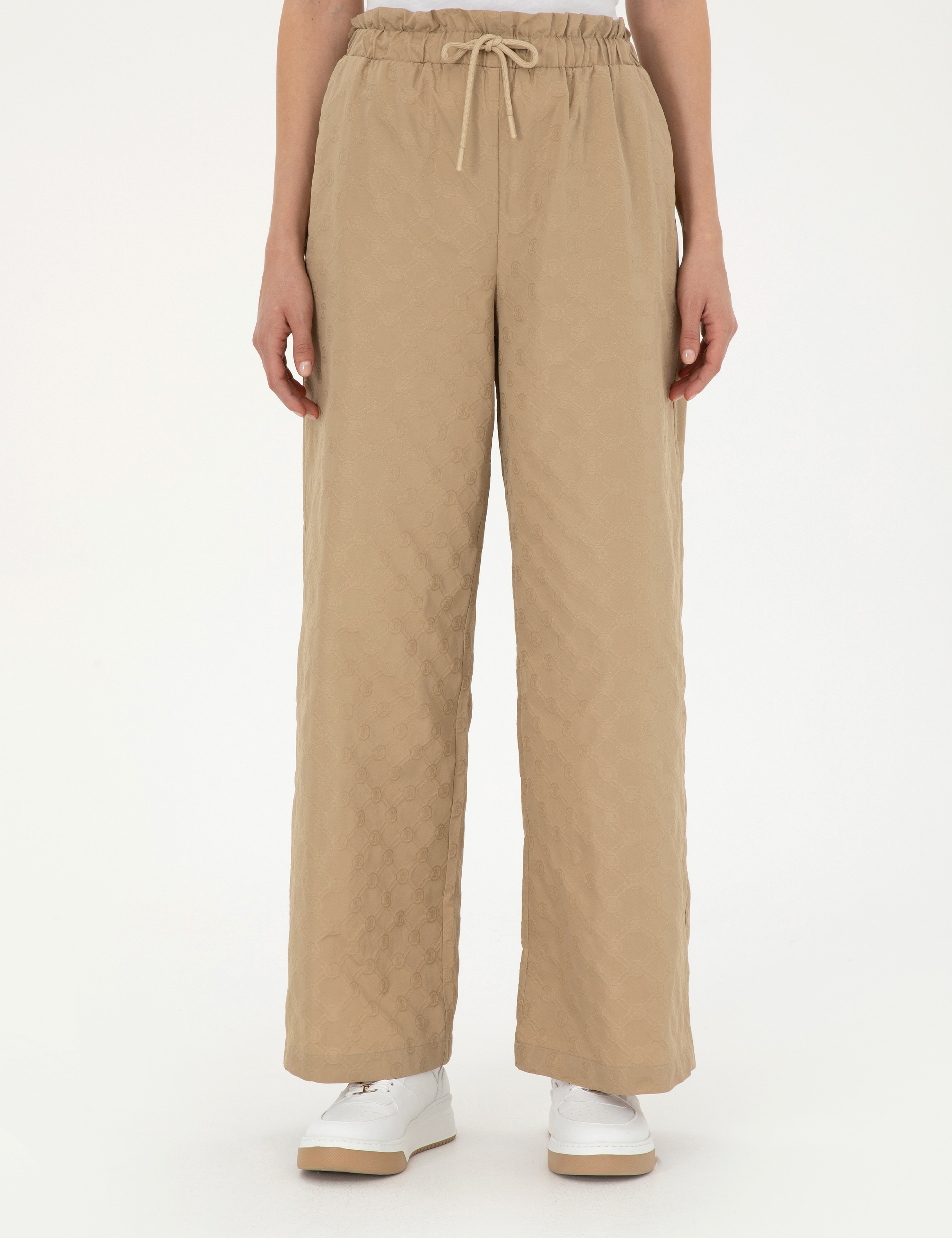 Bej Dokulu Flare Hıgh Waist Fit Pantolon