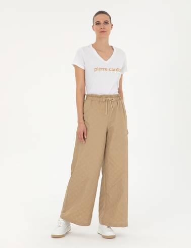 Bej Dokulu Flare Hıgh Waist Fit Pantolon