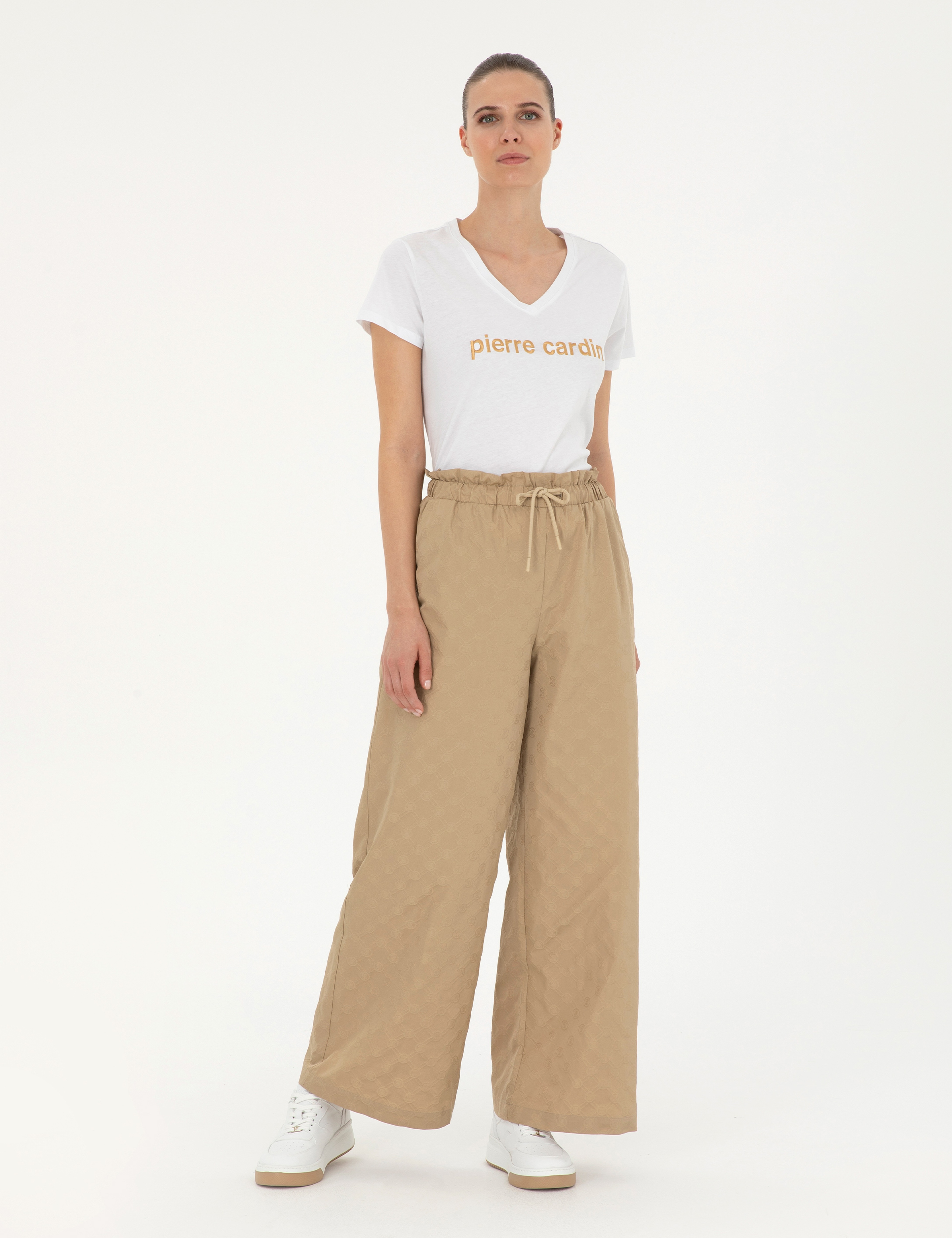 Bej Dokulu Flare Hıgh Waist Fit Pantolon - Image 3