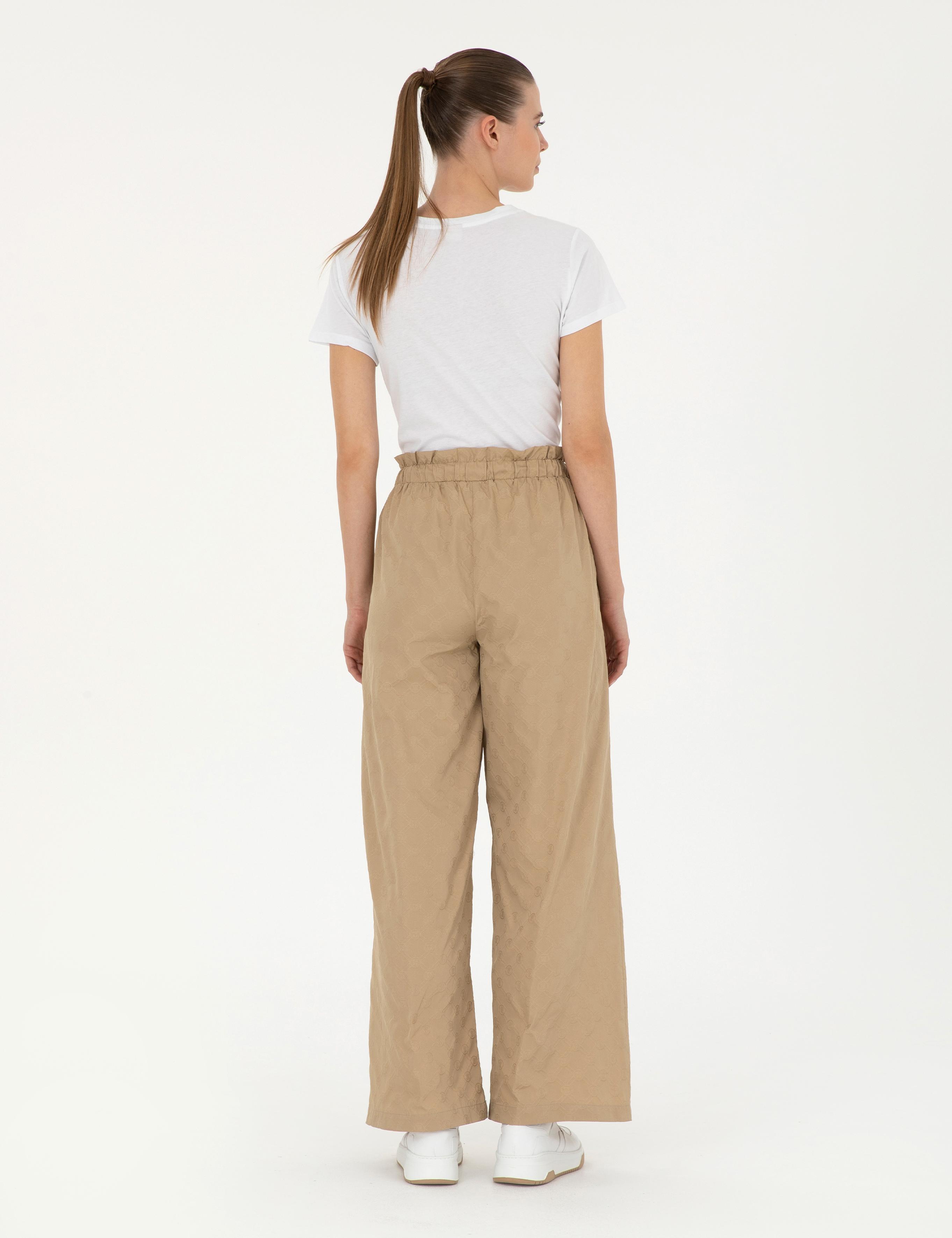 Bej Dokulu Flare Hıgh Waist Fit Pantolon