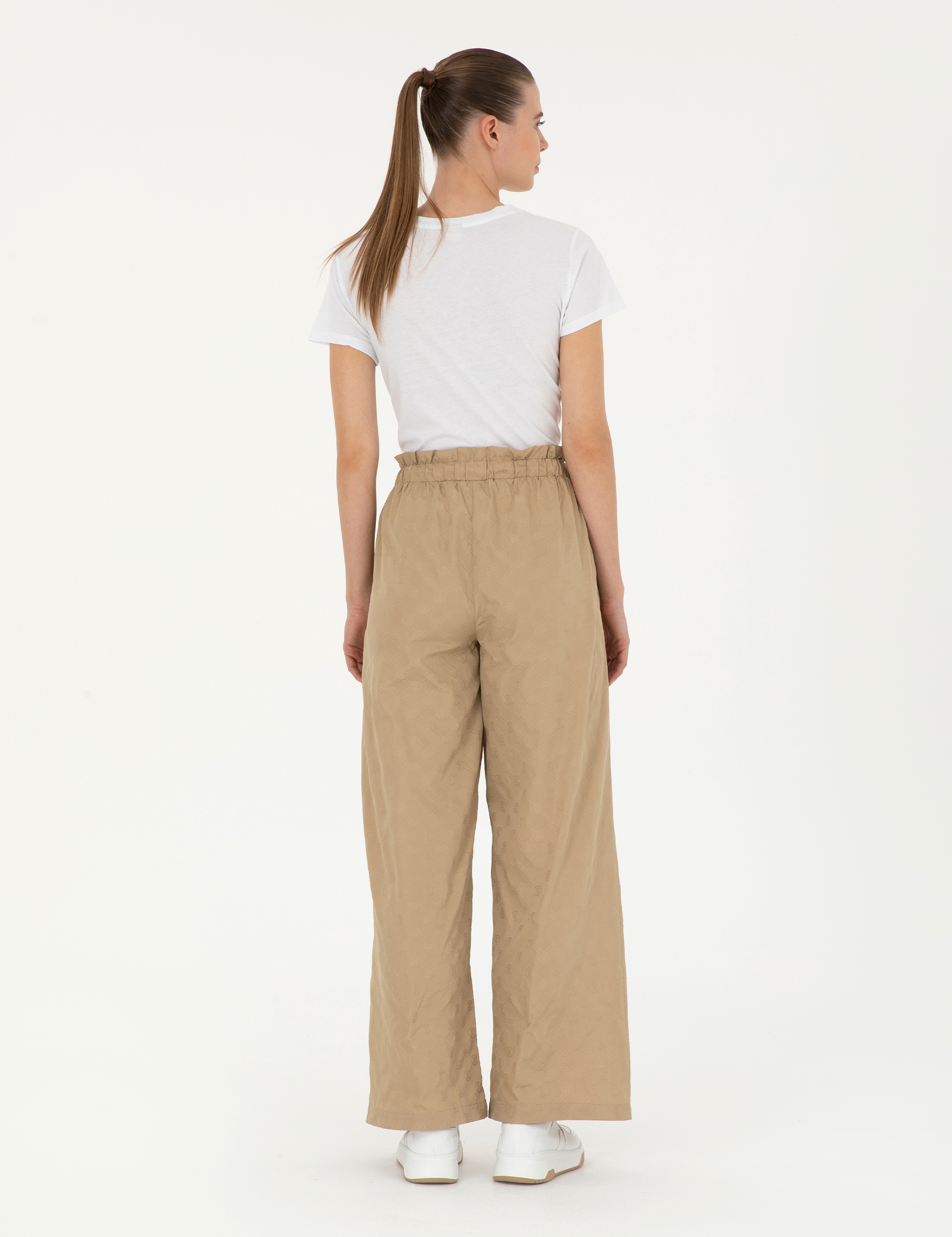Bej Dokulu Flare Hıgh Waist Fit Pantolon - Image 4