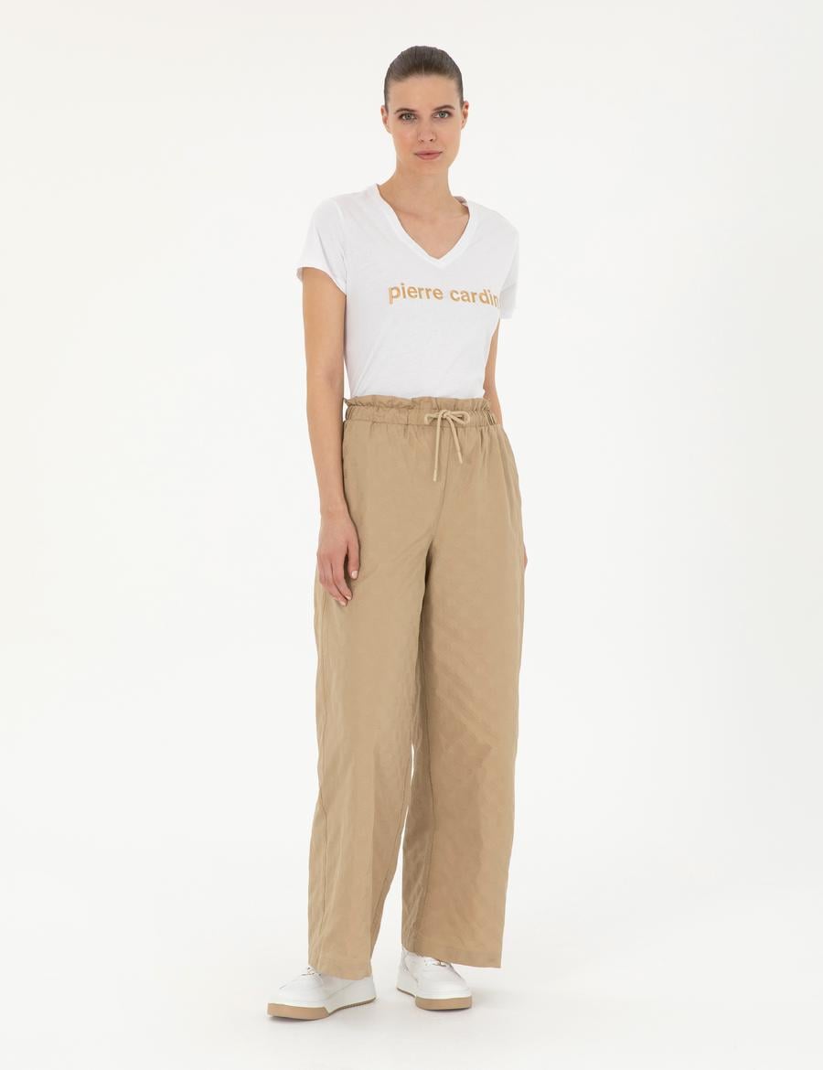 Bej Dokulu Flare Hıgh Waist Fit Pantolon