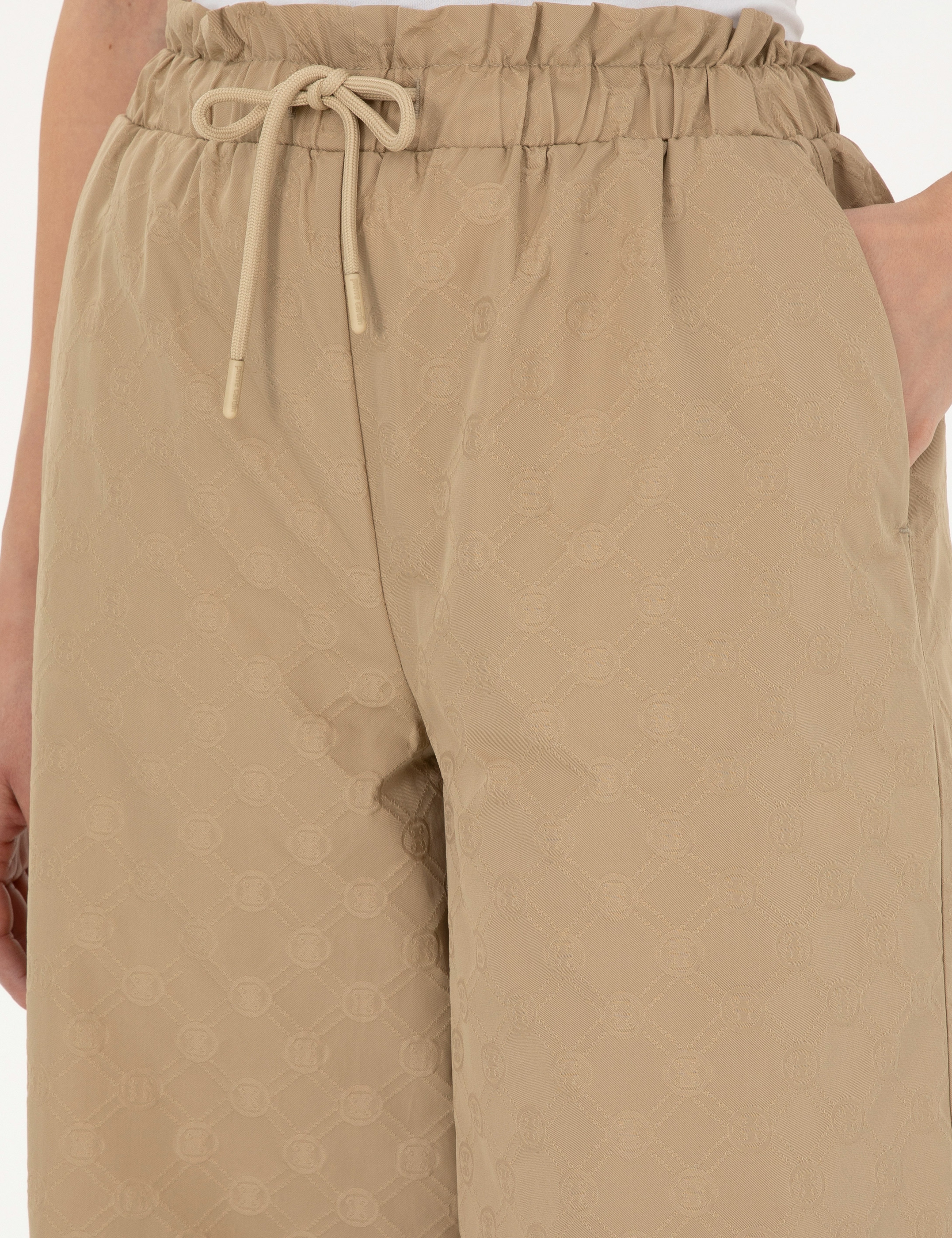 Bej Dokulu Flare Hıgh Waist Fit Pantolon - Image 5