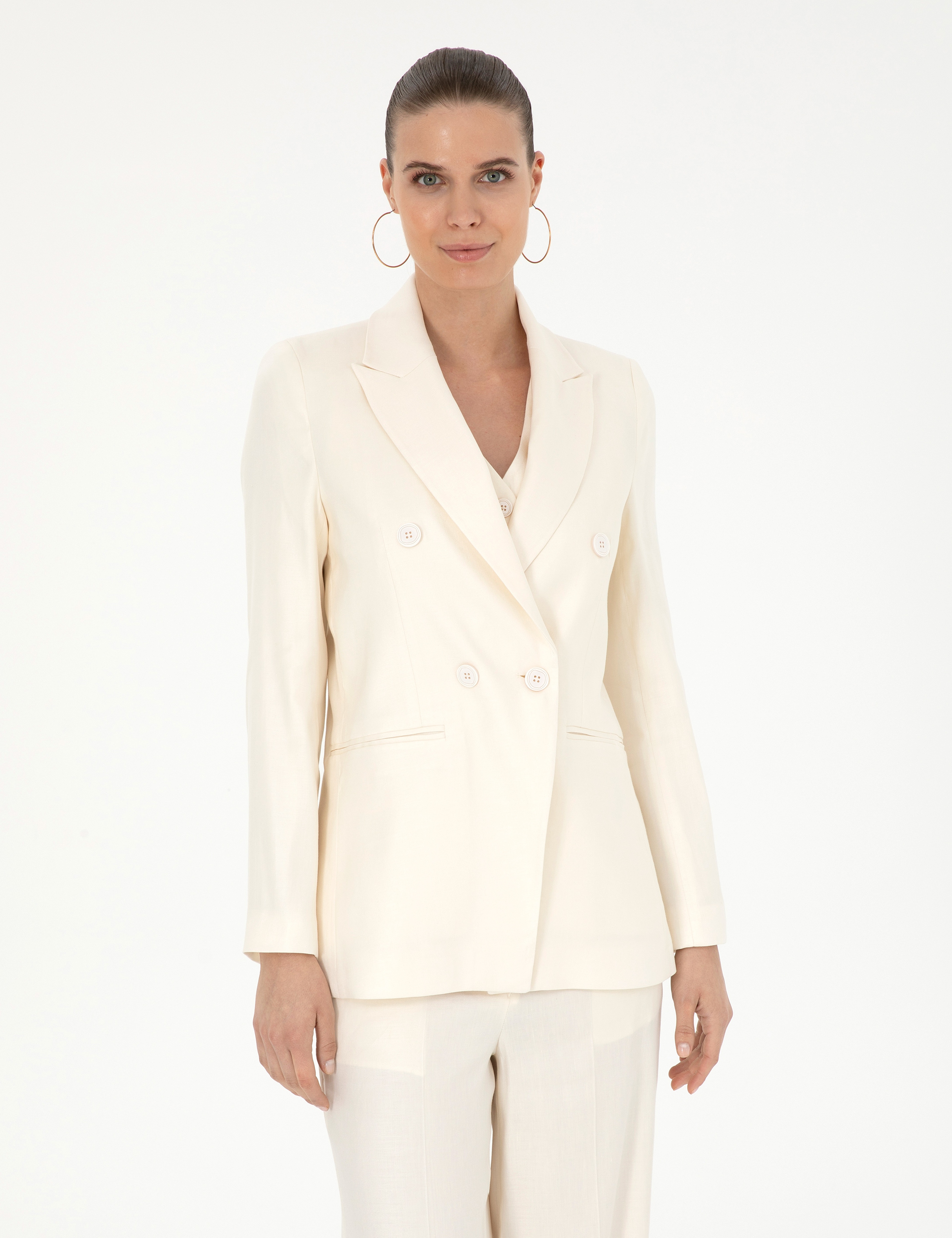 Ekru Keten Karışımlı Regular Fit Ceket - Image 1
