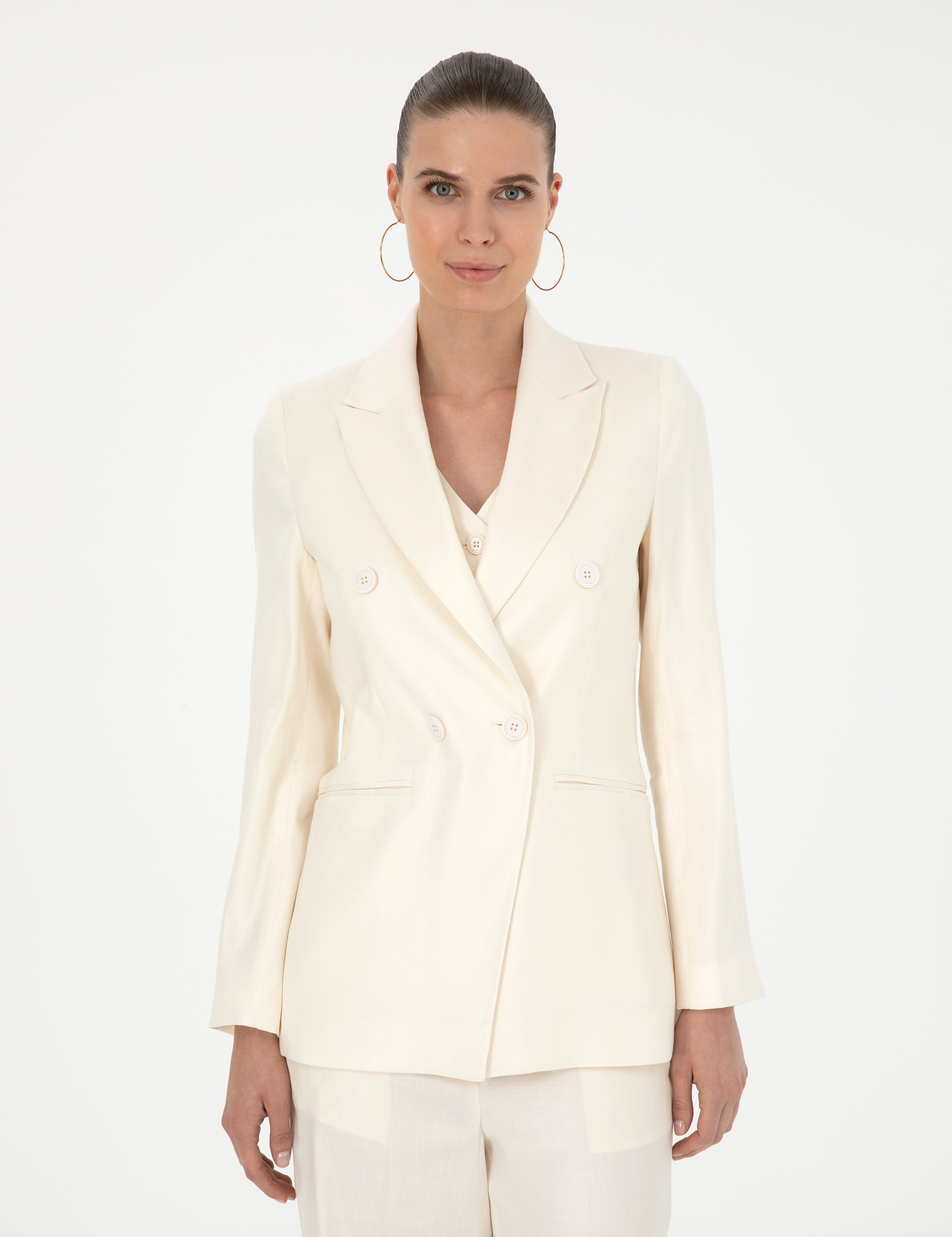 Ekru Keten Karışımlı Regular Fit Ceket - Image 3