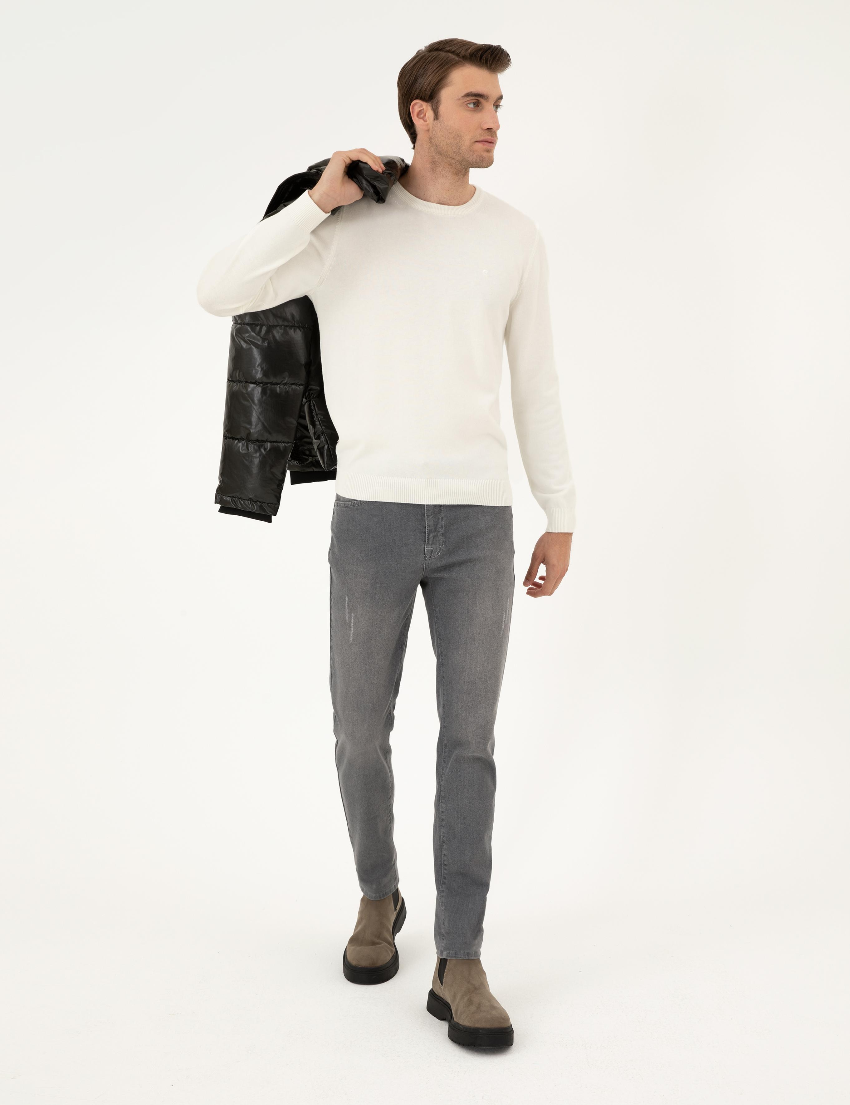 Ekru Slim Fit Bisiklet Yaka Basic Triko Kazak