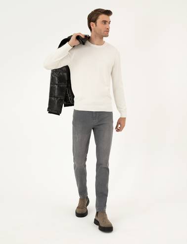 Ekru Slim Fit Bisiklet Yaka Basic Triko Kazak
