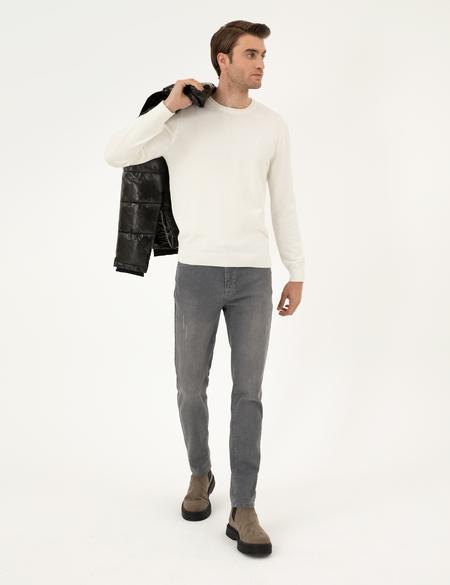 Ekru Slim Fit Bisiklet Yaka Basic Triko Kazak - 50296575034