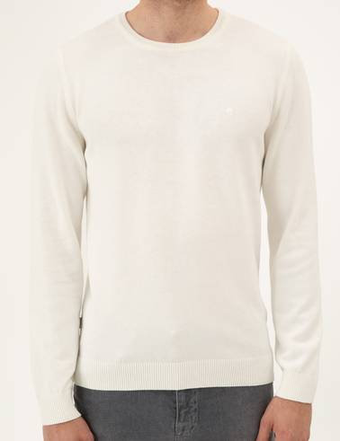 Ekru Slim Fit Bisiklet Yaka Basic Triko Kazak