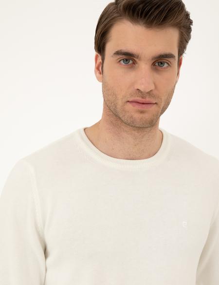 Ekru Slim Fit Bisiklet Yaka Basic Triko Kazak - 50296575034