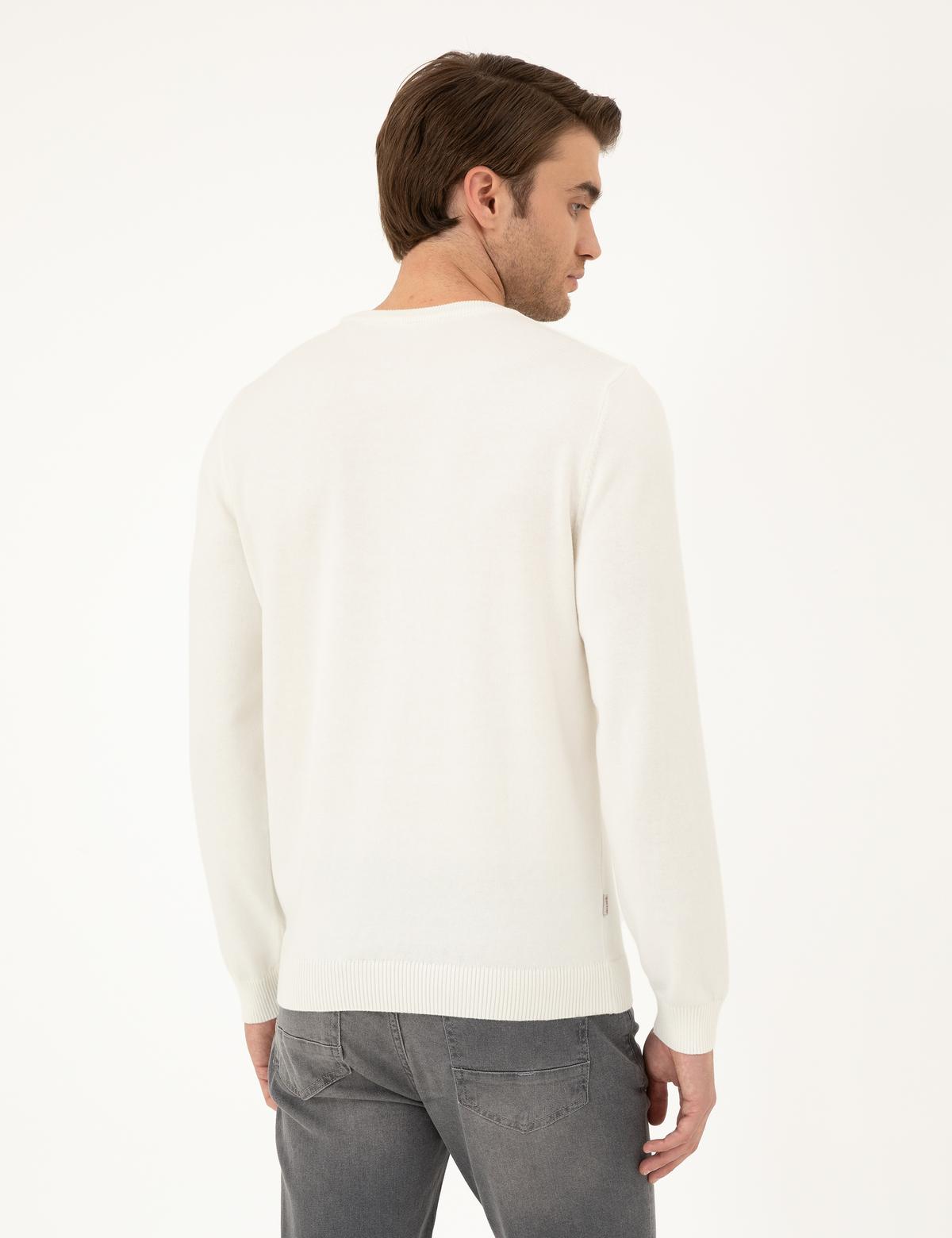 Ekru Slim Fit Bisiklet Yaka Basic Triko Kazak - 50296575034