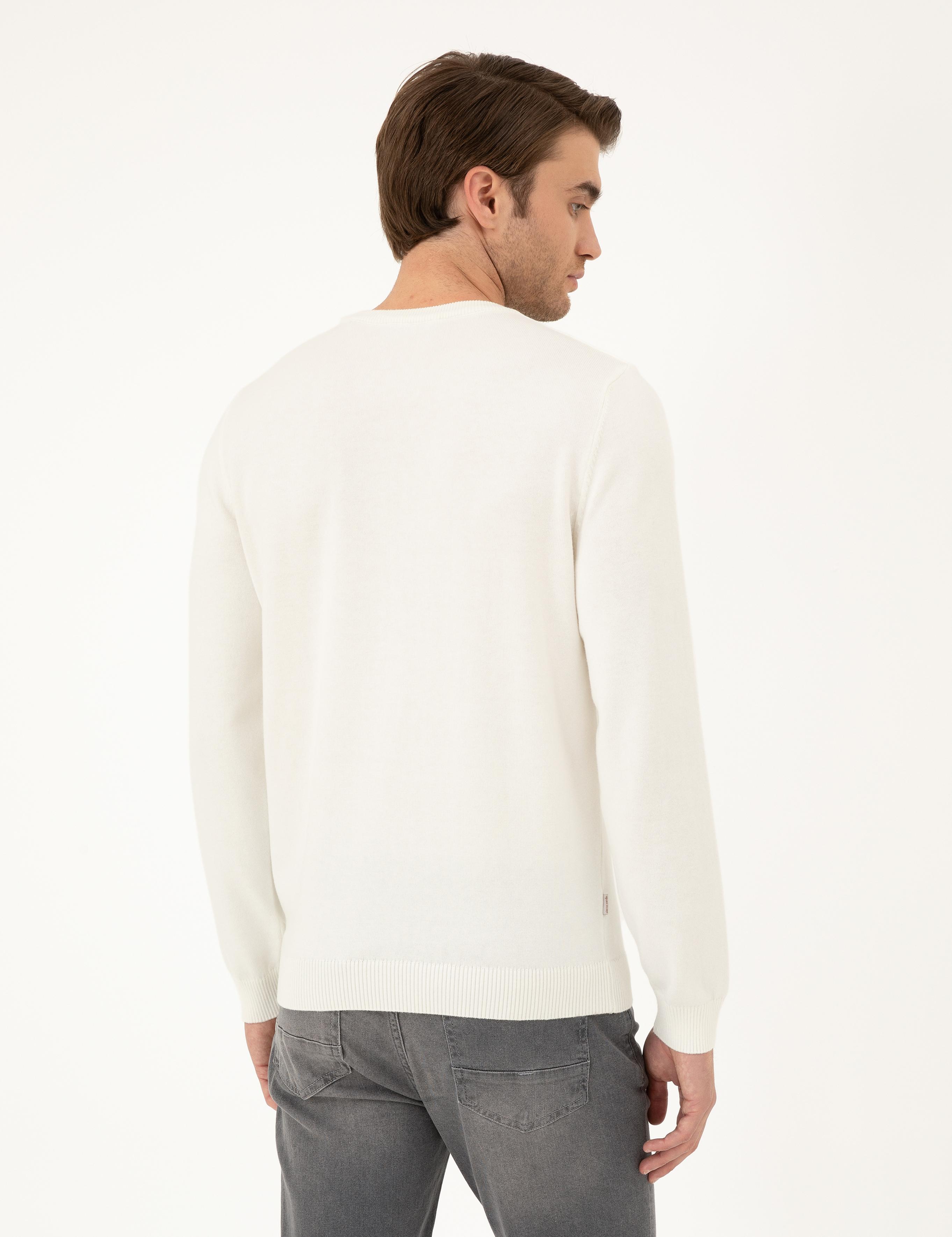 Ekru Slim Fit Bisiklet Yaka Basic Triko Kazak