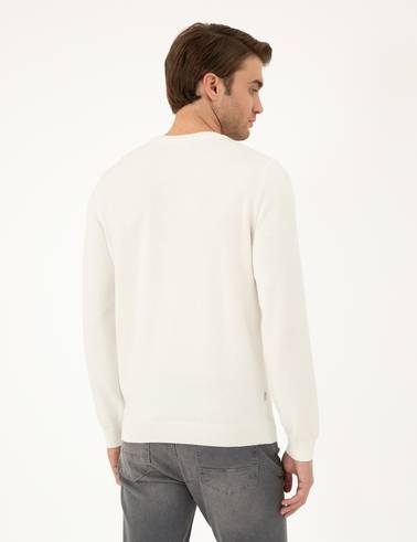 Ekru Slim Fit Bisiklet Yaka Basic Triko Kazak