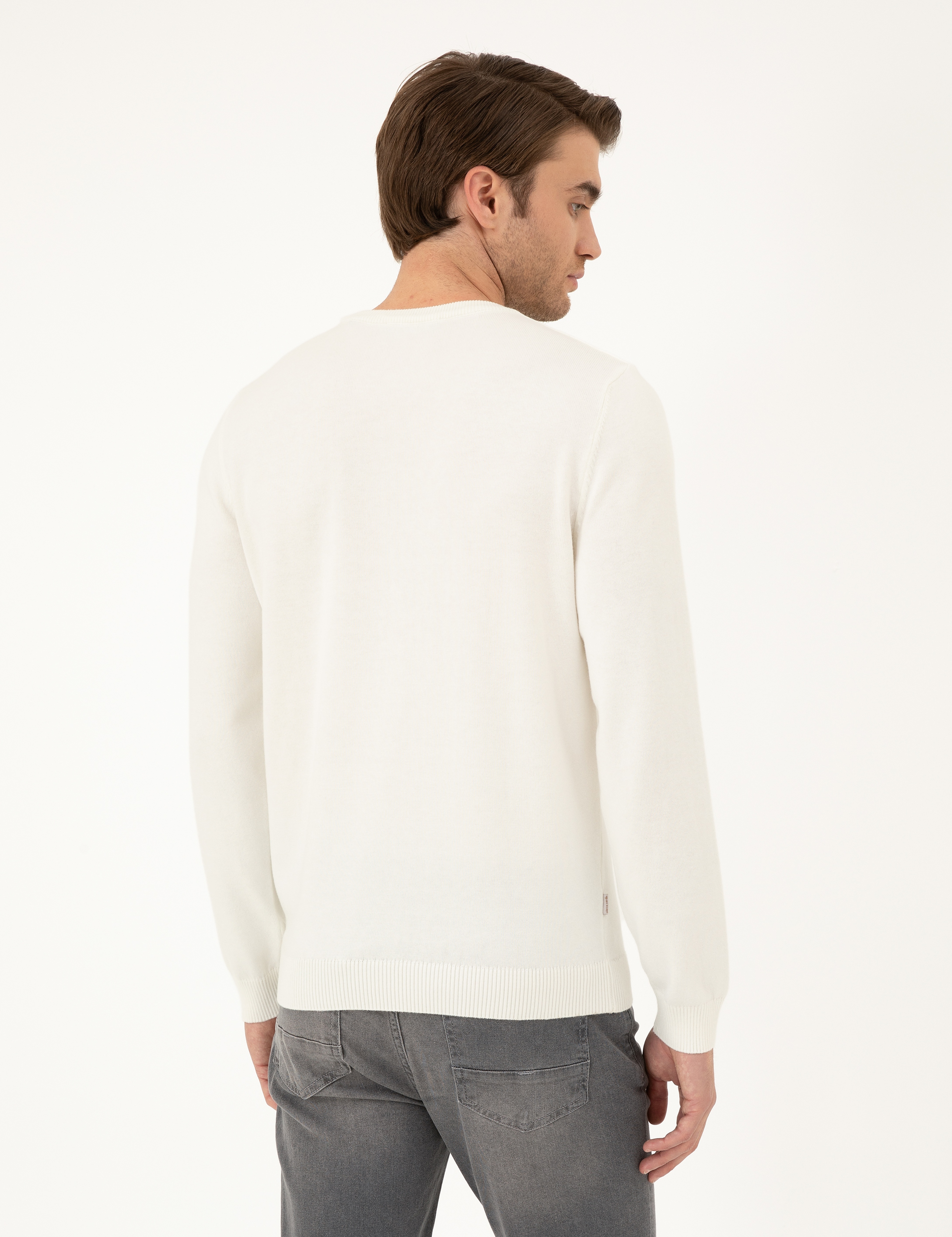 Ekru Slim Fit Bisiklet Yaka Basic Triko Kazak - Image 5