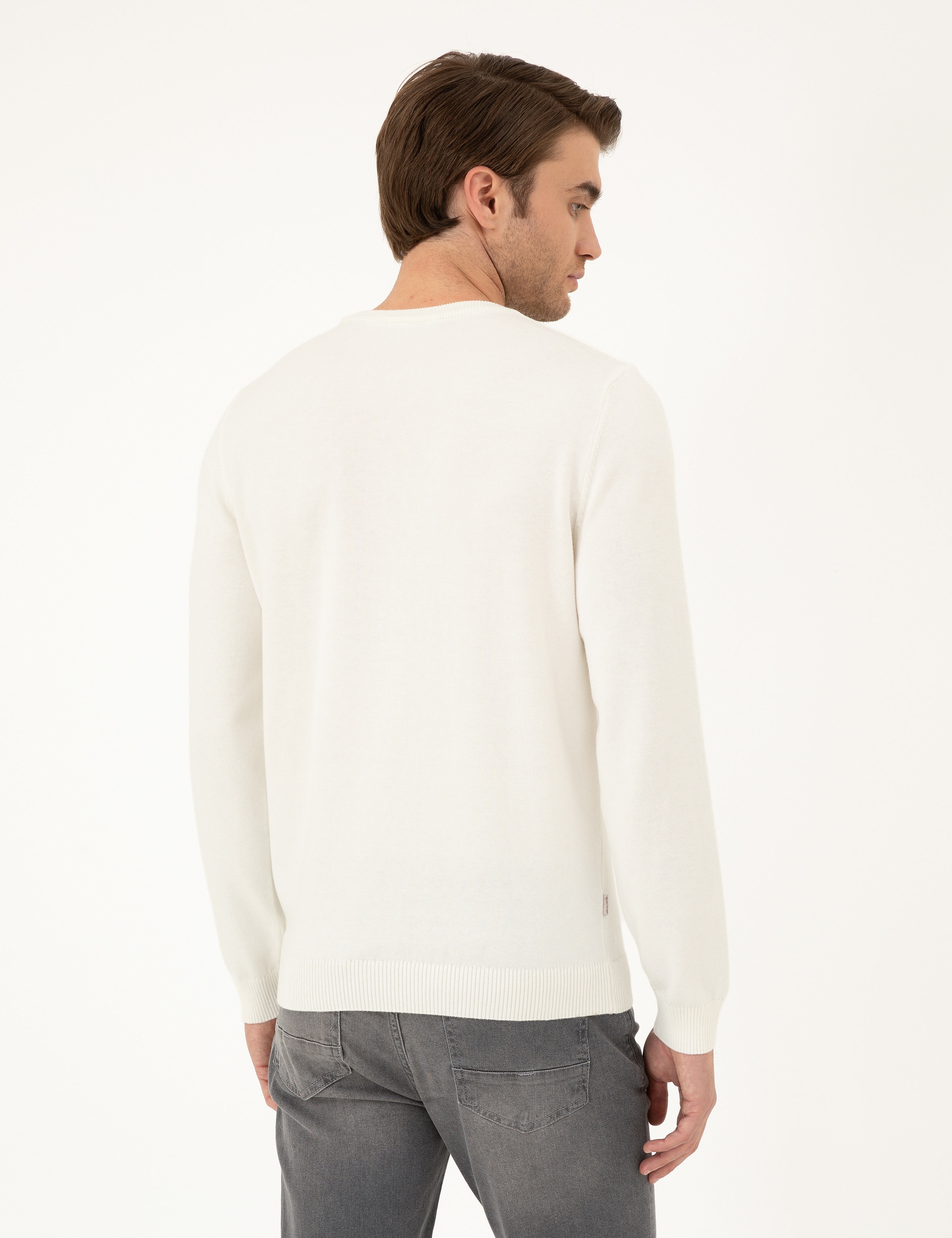 Ekru Slim Fit Bisiklet Yaka Basic Triko Kazak