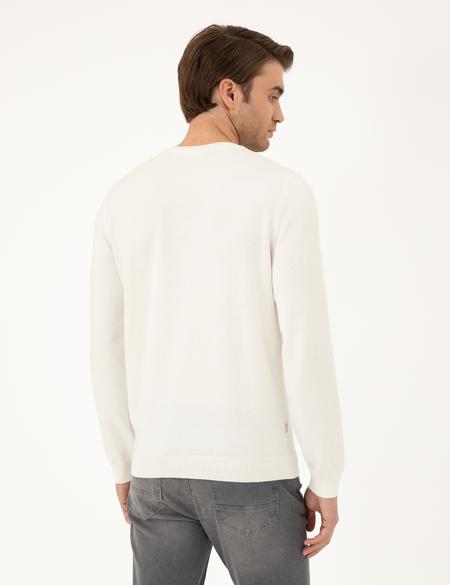 Ekru Slim Fit Bisiklet Yaka Basic Triko Kazak - 50296575034