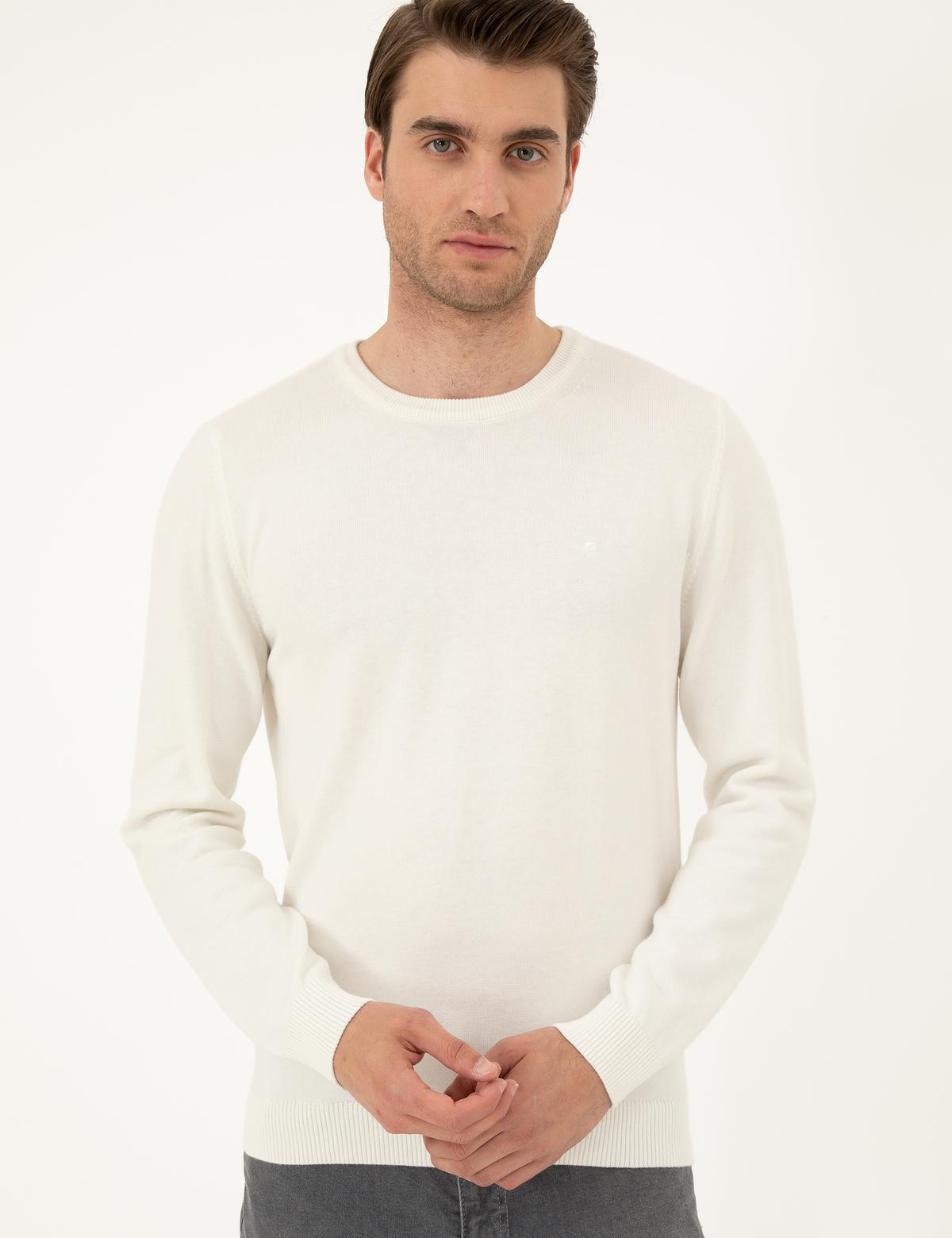 Ekru Slim Fit Bisiklet Yaka Basic Triko Kazak - 50296575034