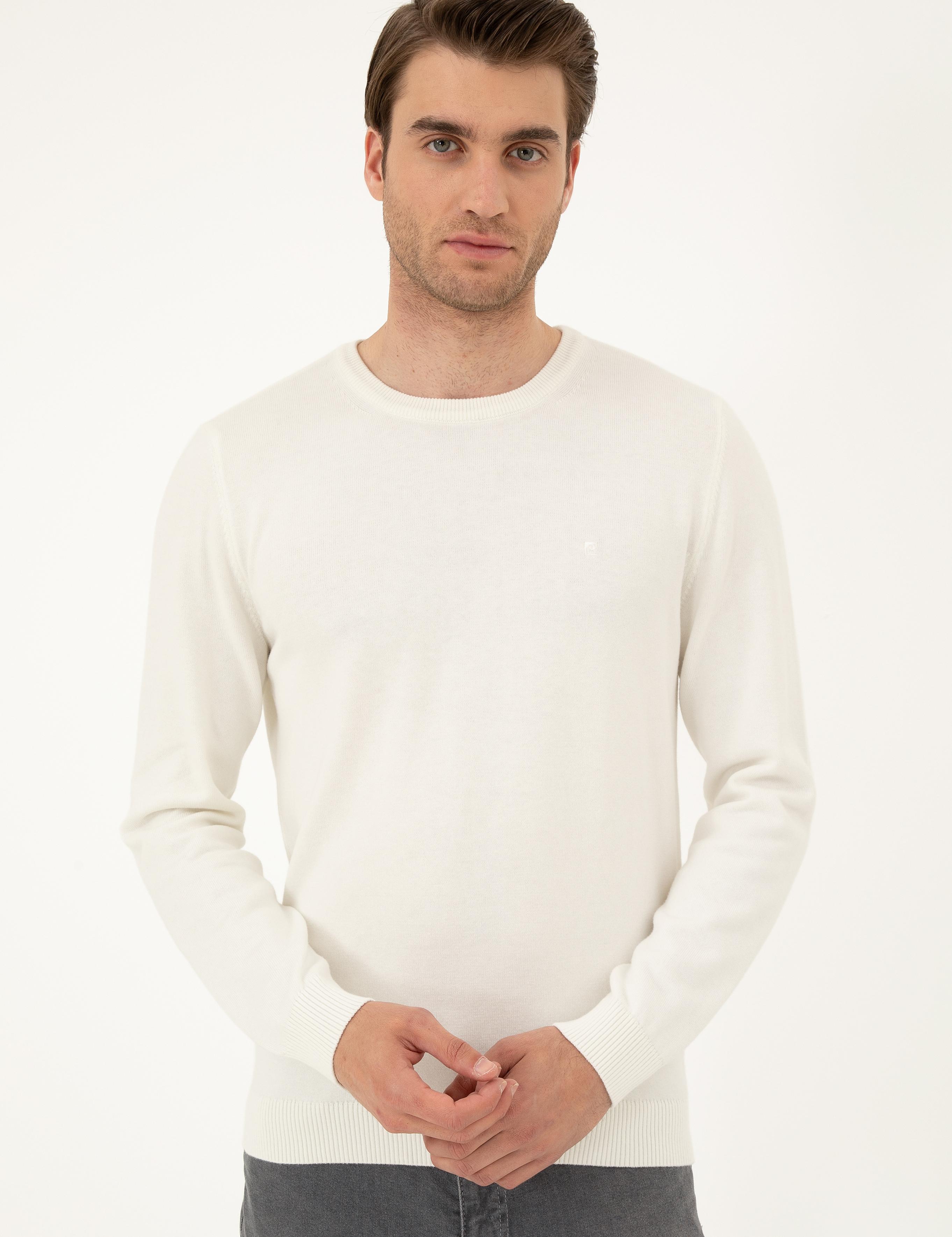 Ekru Slim Fit Bisiklet Yaka Basic Triko Kazak