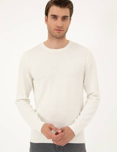 Ekru Slim Fit Bisiklet Yaka Basic Triko Kazak