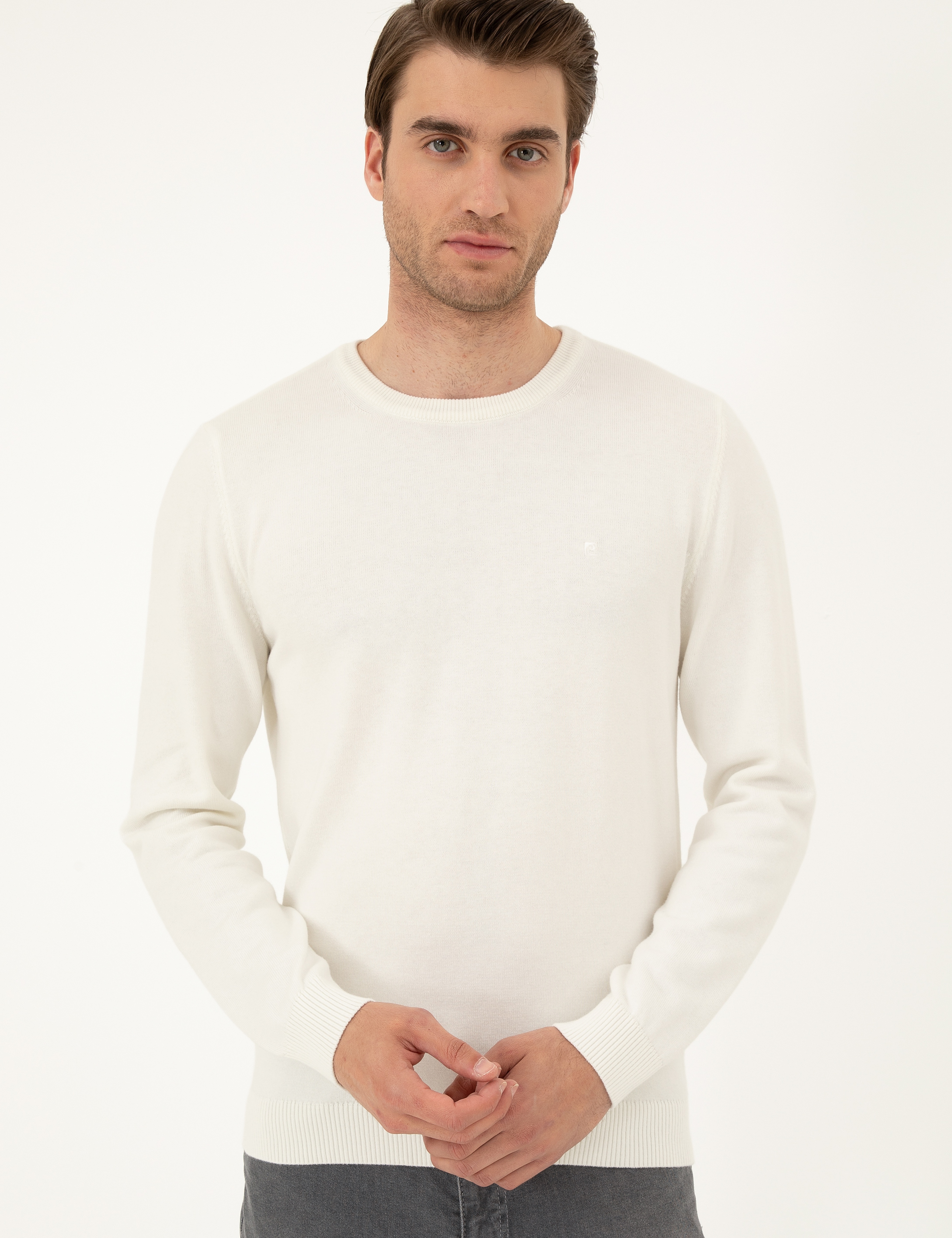 Ekru Slim Fit Bisiklet Yaka Basic Triko Kazak - Image 3