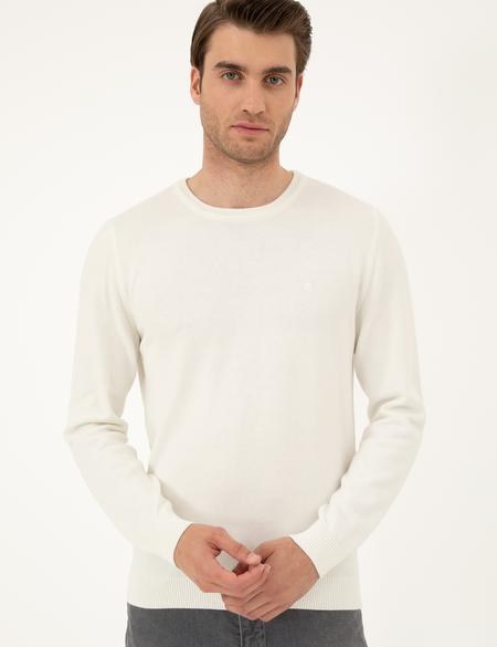 Ekru Slim Fit Bisiklet Yaka Basic Triko Kazak - 50296575034