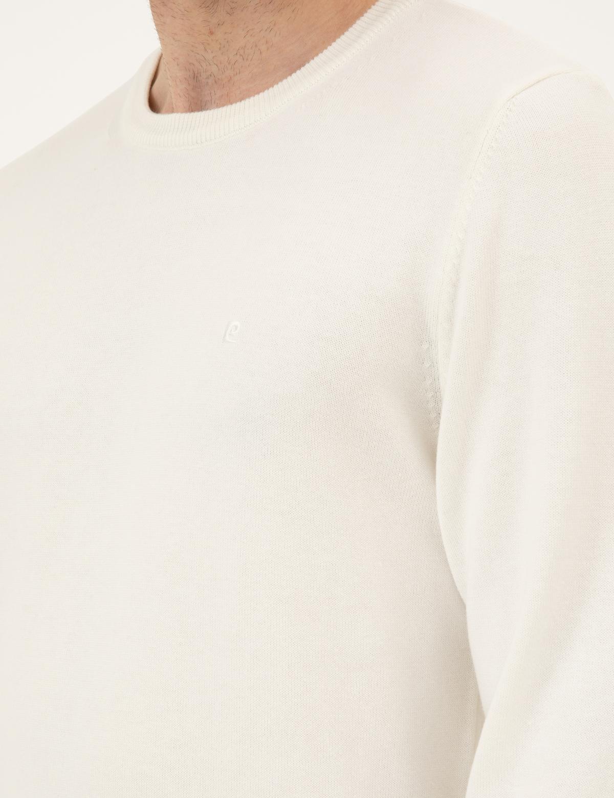 Ekru Slim Fit Bisiklet Yaka Basic Triko Kazak - 50296575034