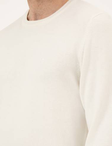 Ekru Slim Fit Bisiklet Yaka Basic Triko Kazak