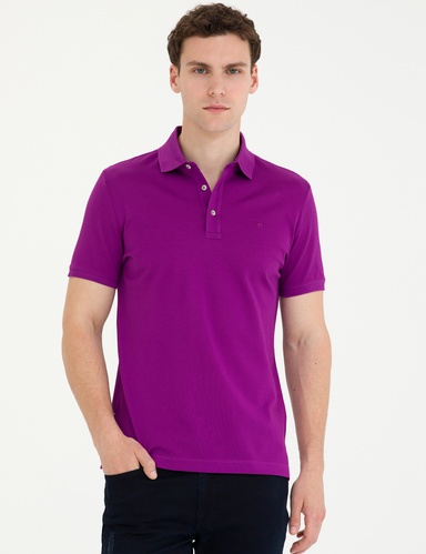 Mor Slim Fit %100 Pamuk Merserize Düğmeli Polo Yaka Basic Tişört