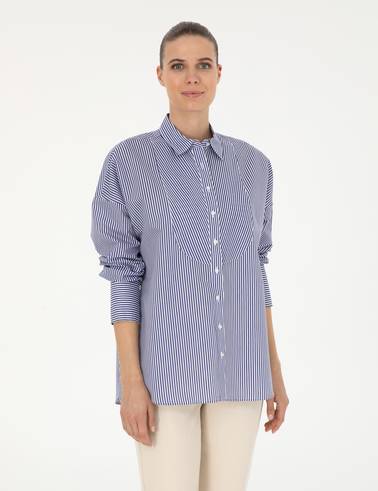 Lacivert Oversize Uzun Kollu Gömlek