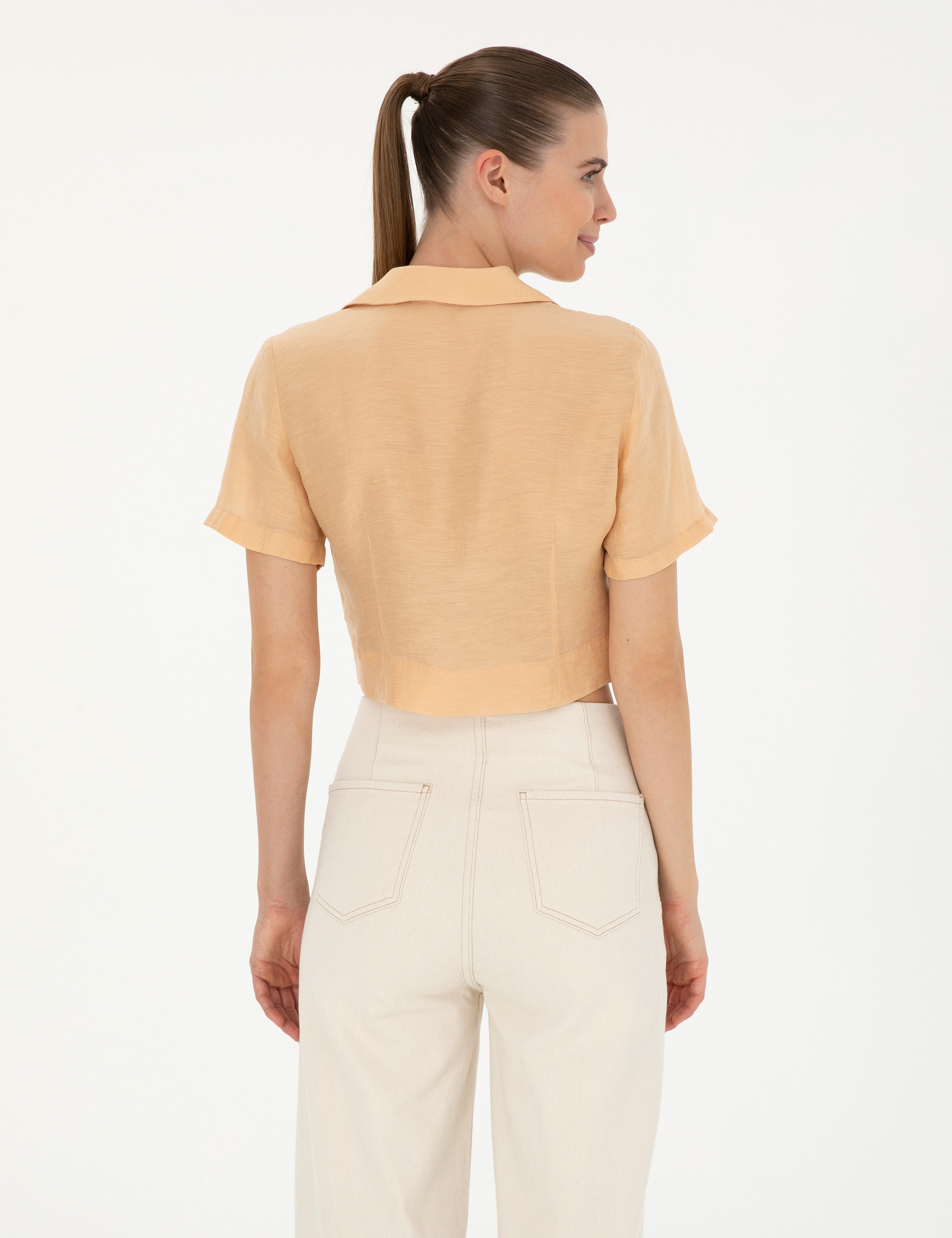 Bej Keten Karışımlı Slim Fit Crop Gömlek - Image 5