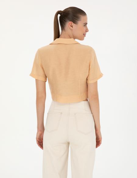 Bej Keten Karışımlı Slim Fit Crop Gömlek - 50284703003