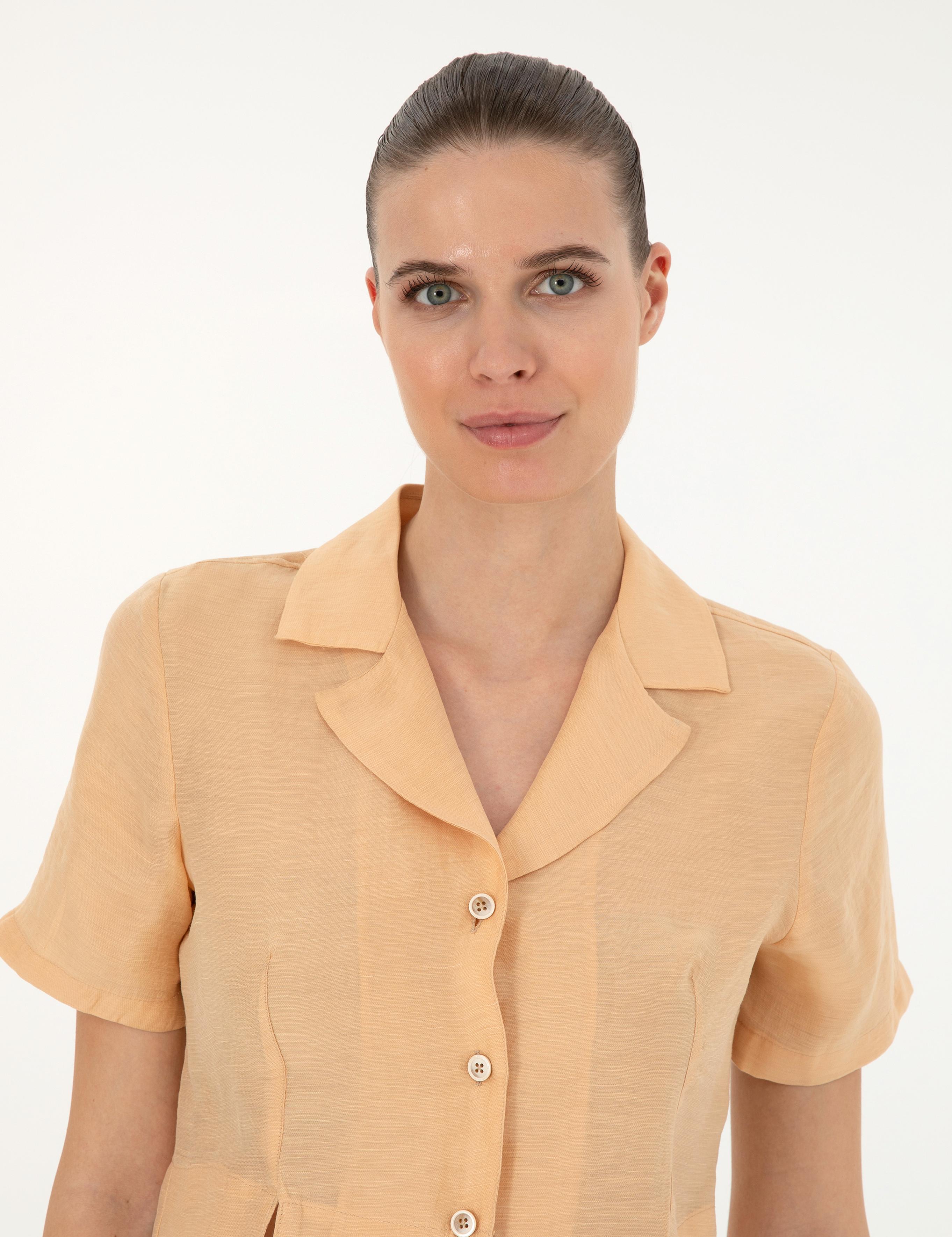 Bej Keten Karışımlı Slim Fit Crop Gömlek