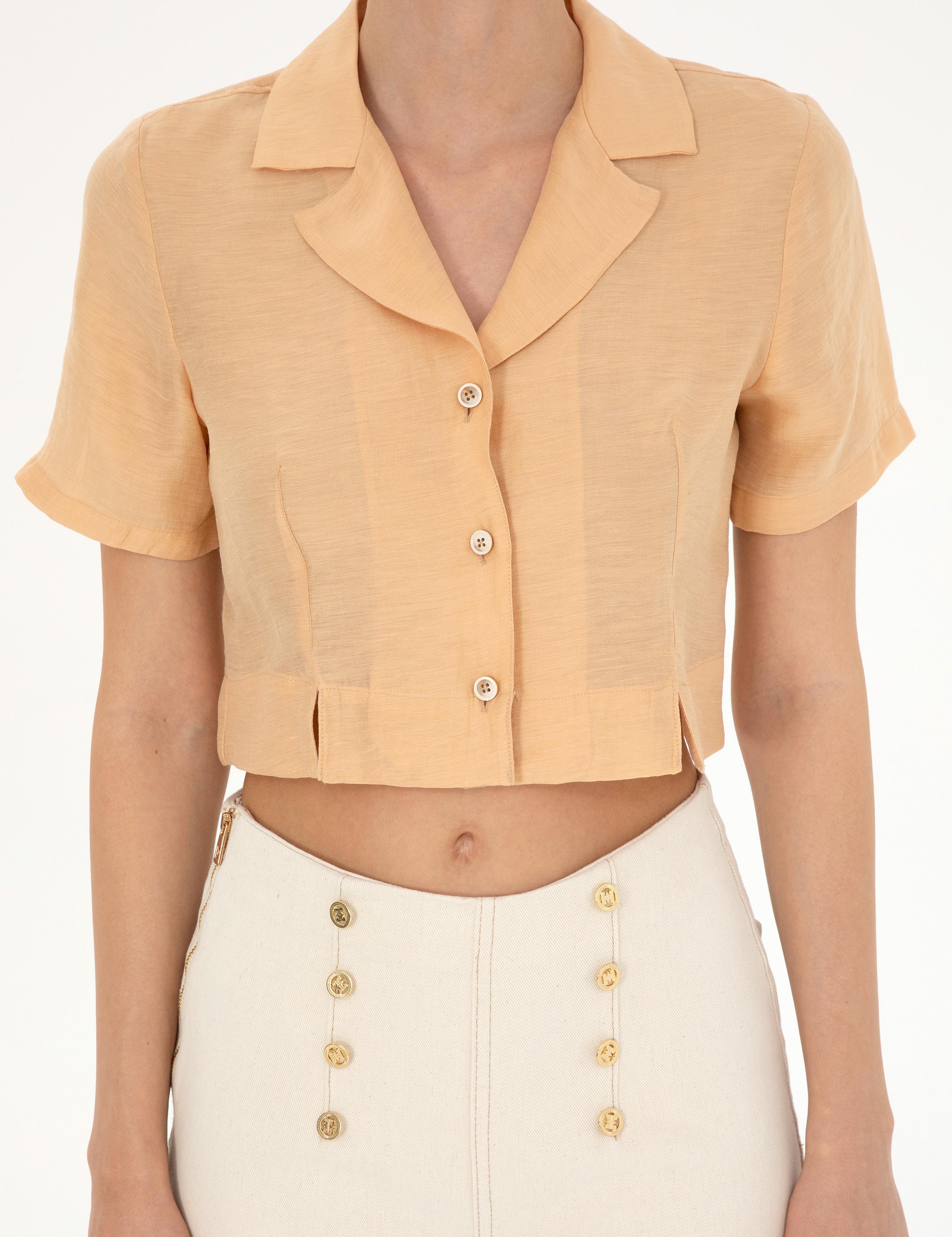 Bej Keten Karışımlı Slim Fit Crop Gömlek