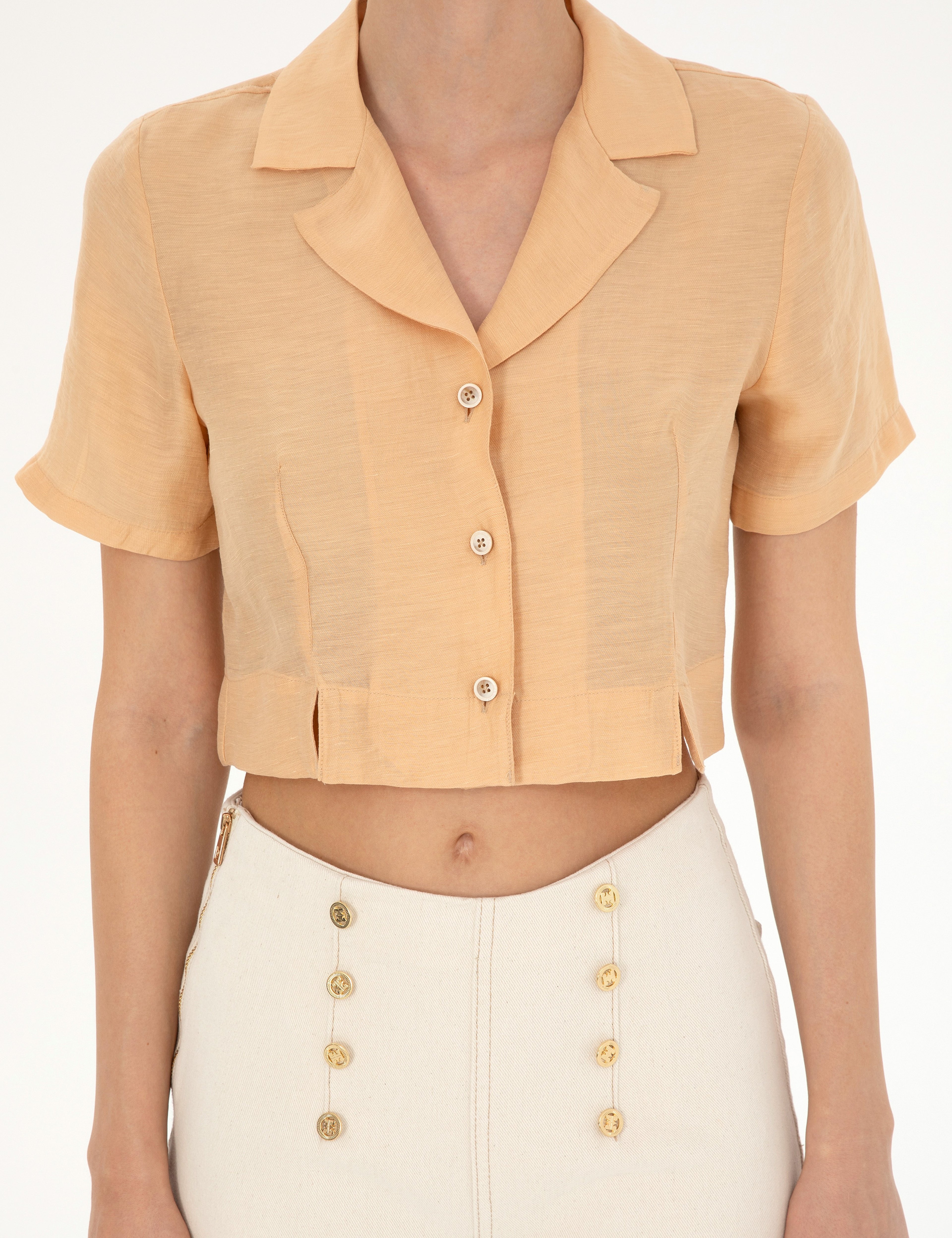 Bej Keten Karışımlı Slim Fit Crop Gömlek - Image 6