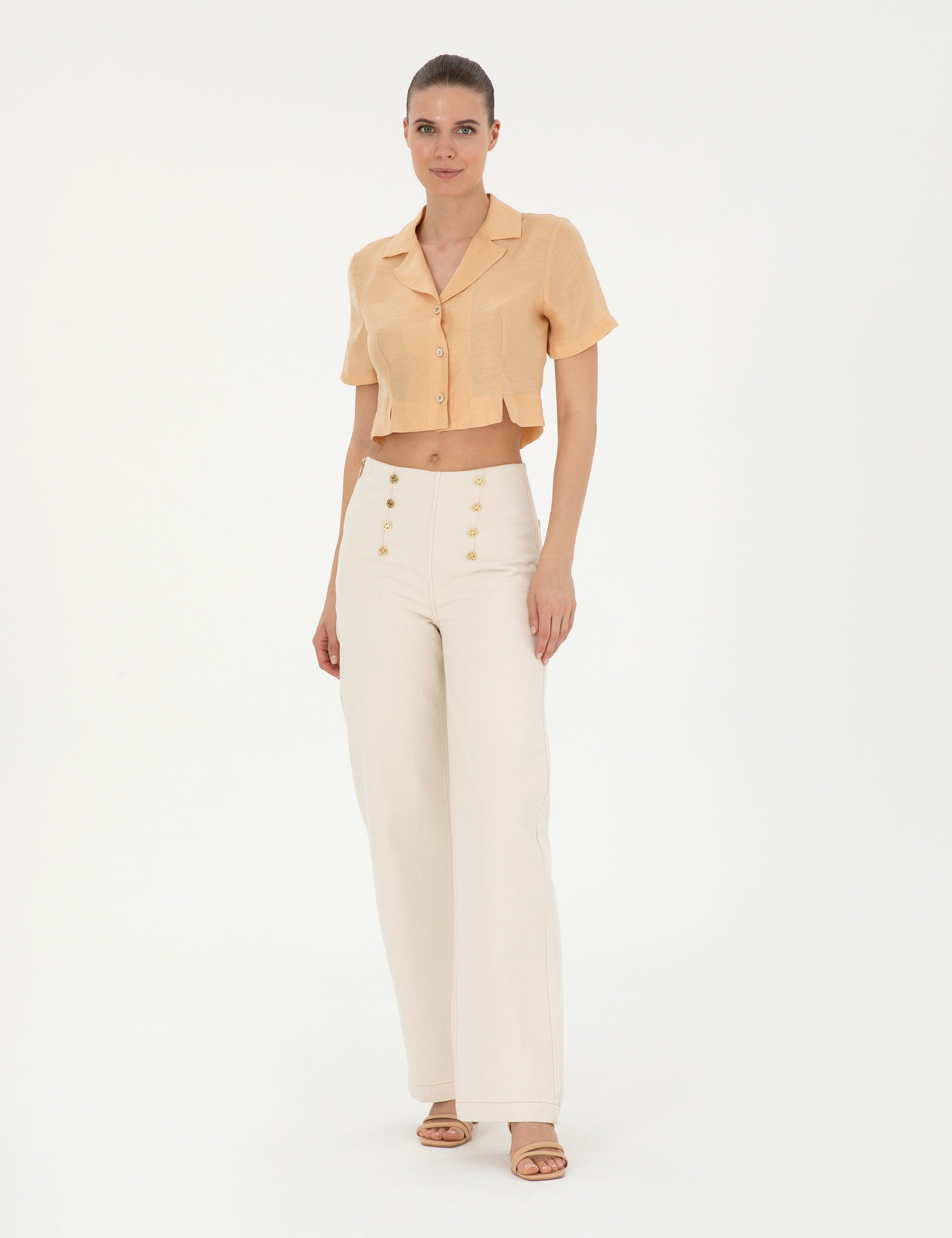 Bej Keten Karışımlı Slim Fit Crop Gömlek - Image 4