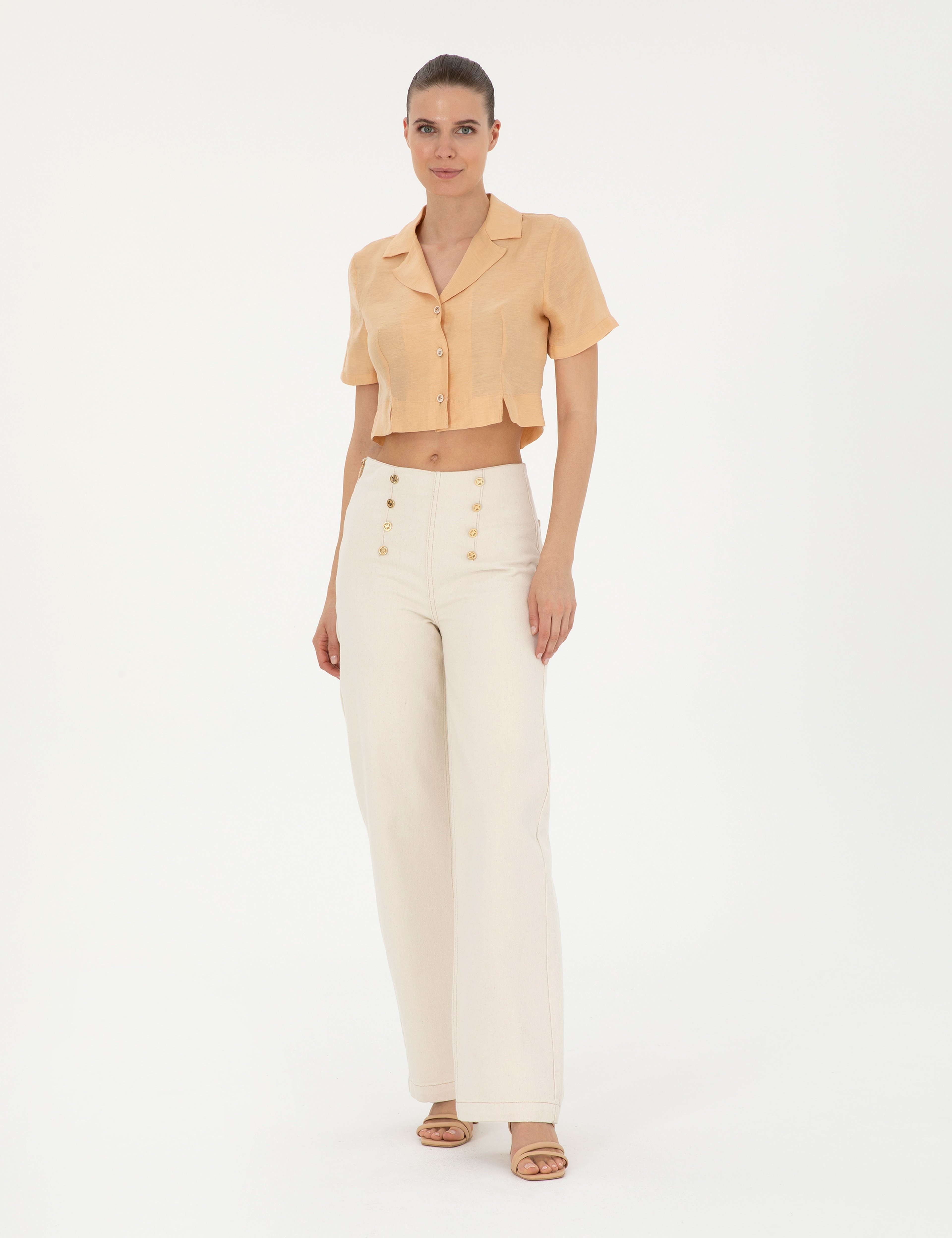 Bej Keten Karışımlı Slim Fit Crop Gömlek